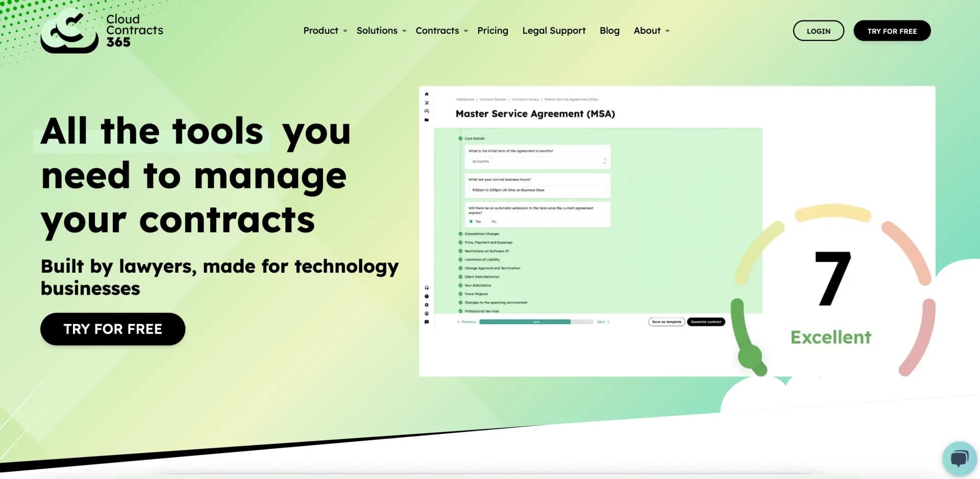 Cloud Contracts 365 homepage screenshot — Streamline legal processes with AI-powered contract manageme