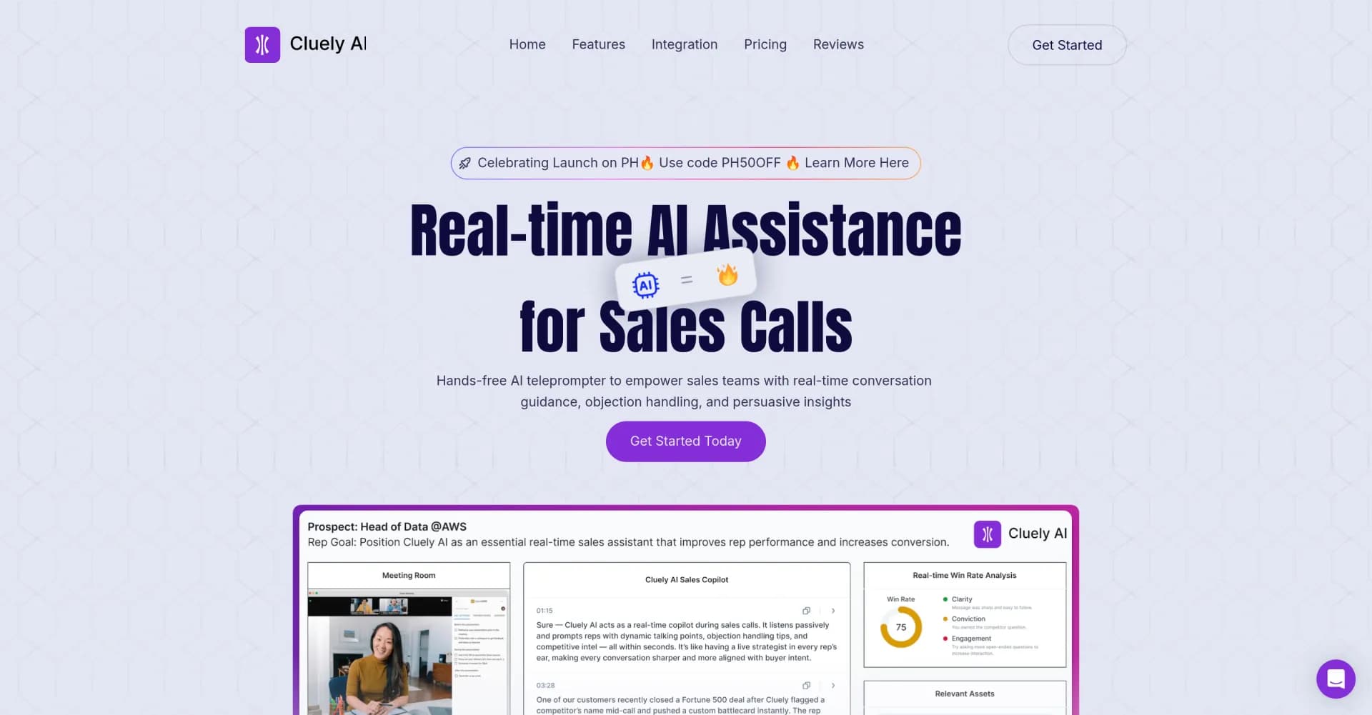 Cluely AI homepage screenshot — AI sales copilot for real-time call guidance