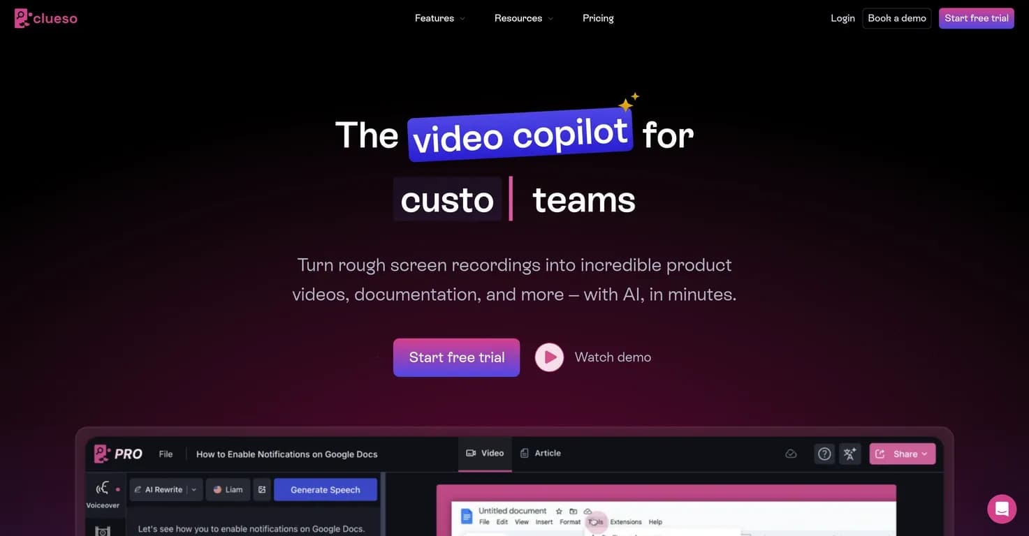 Clueso homepage screenshot — Create product videos and docs in minutes with AI