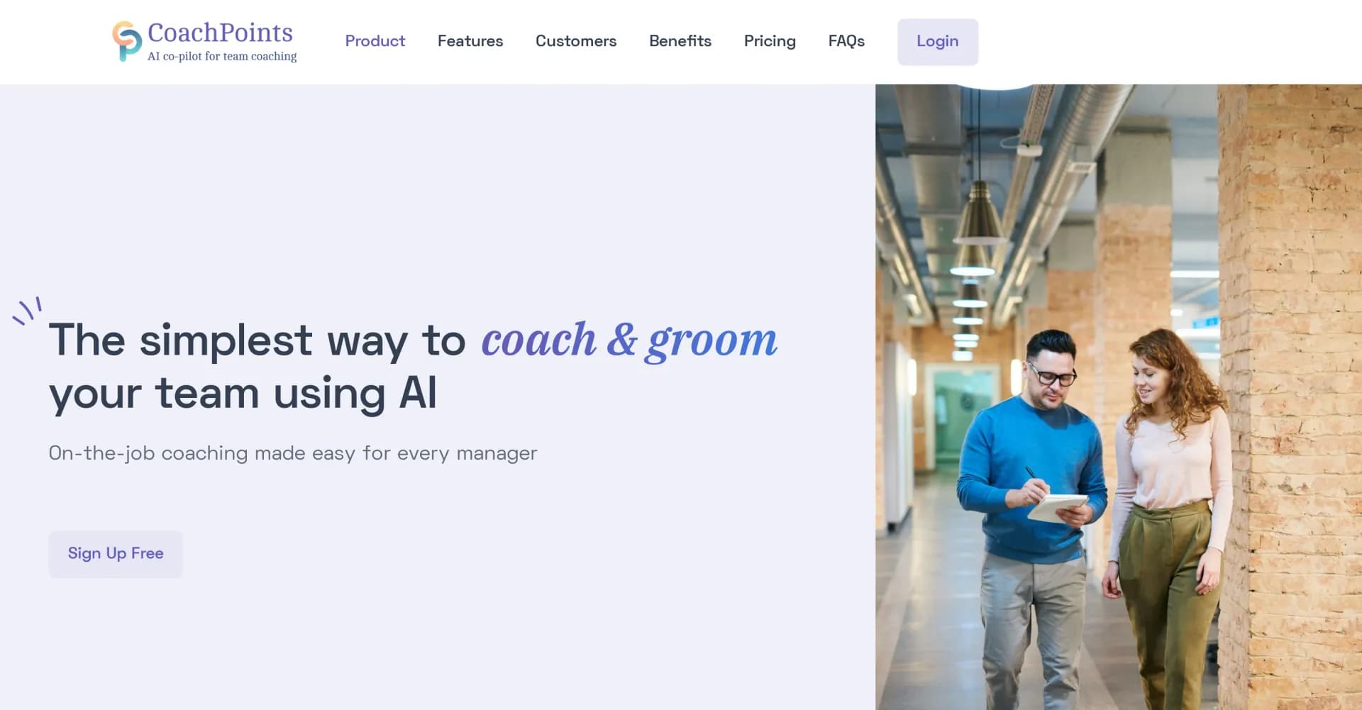 CoachPoints AI homepage screenshot — AI co-pilot for on-the-job team coaching