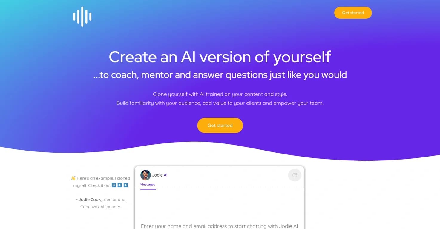 Coachvox homepage screenshot — Clone yourself with AI to coach and mentor 24/7.