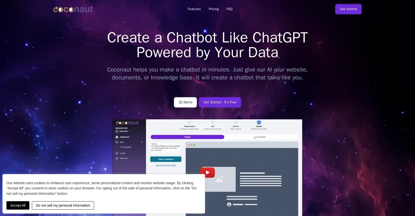 Coconaut homepage screenshot — Create a ChatGPT-like chatbot from your data in minutes.
