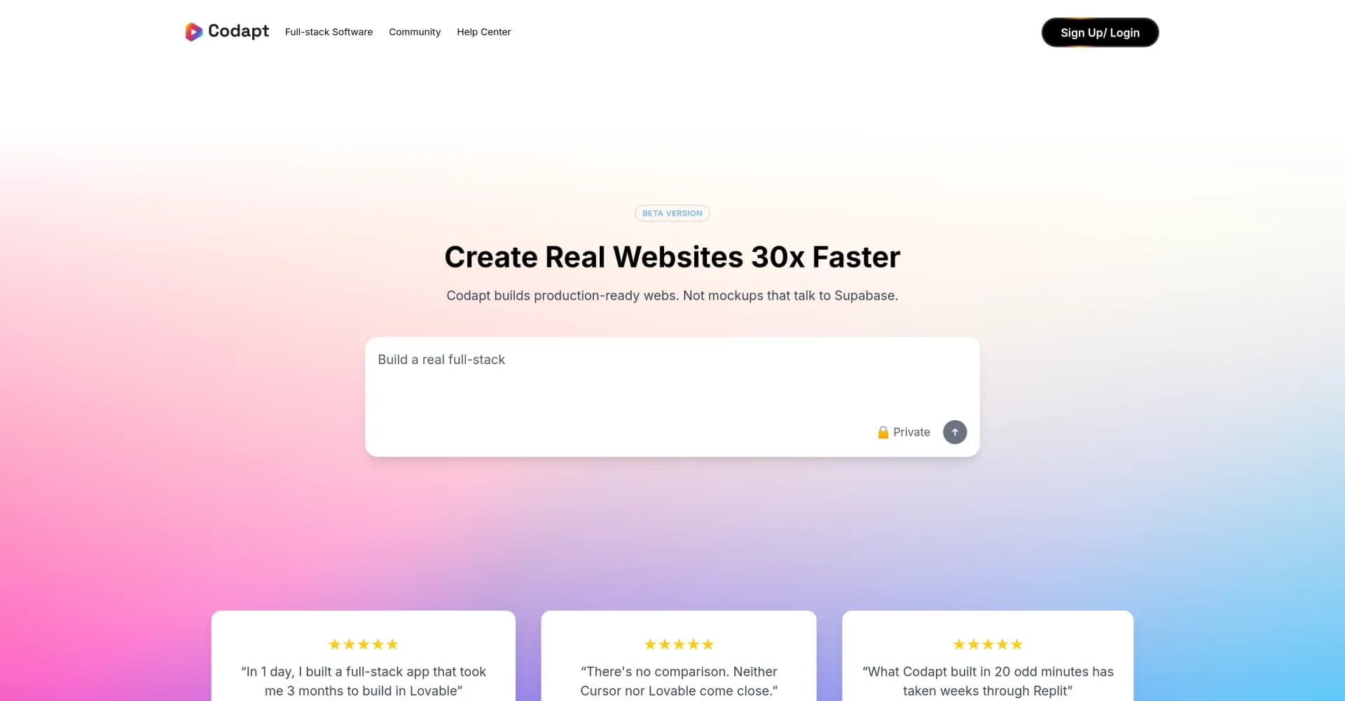 Codapt homepage screenshot — The Only AI Builder That Creates Real Full-Stack Web Apps