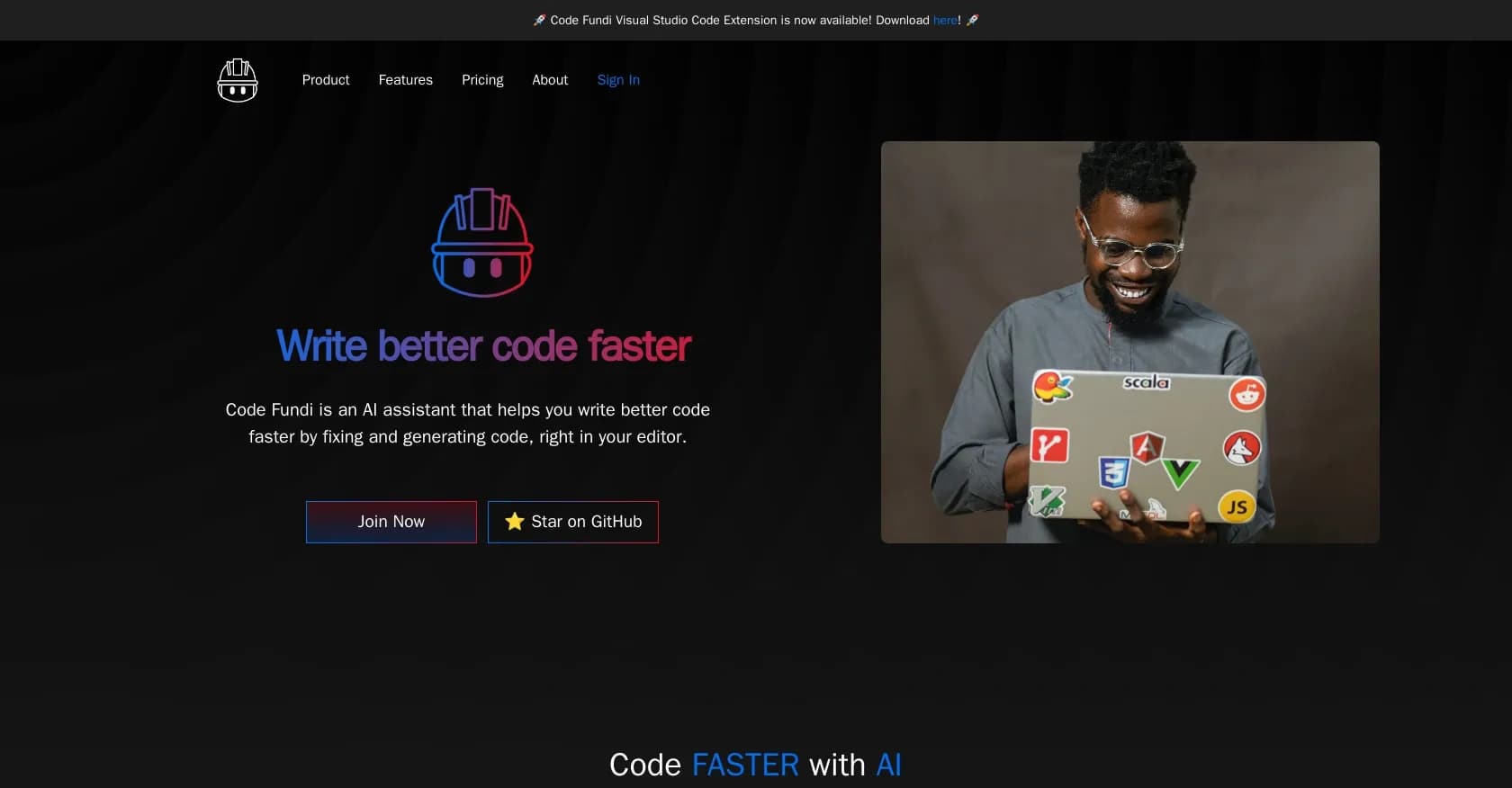 Code Fundi homepage screenshot — AI assistant for faster, better coding