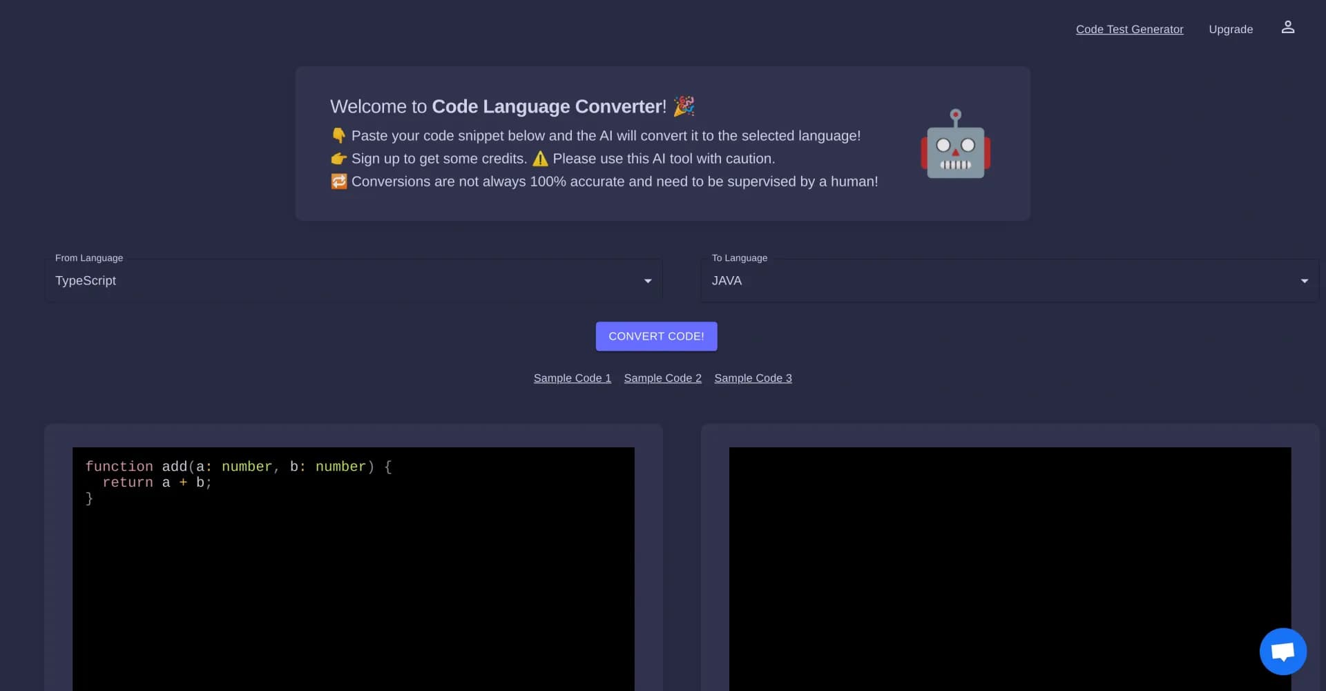 Code Language Converter homepage screenshot — Convert code between languages instantly with AI.