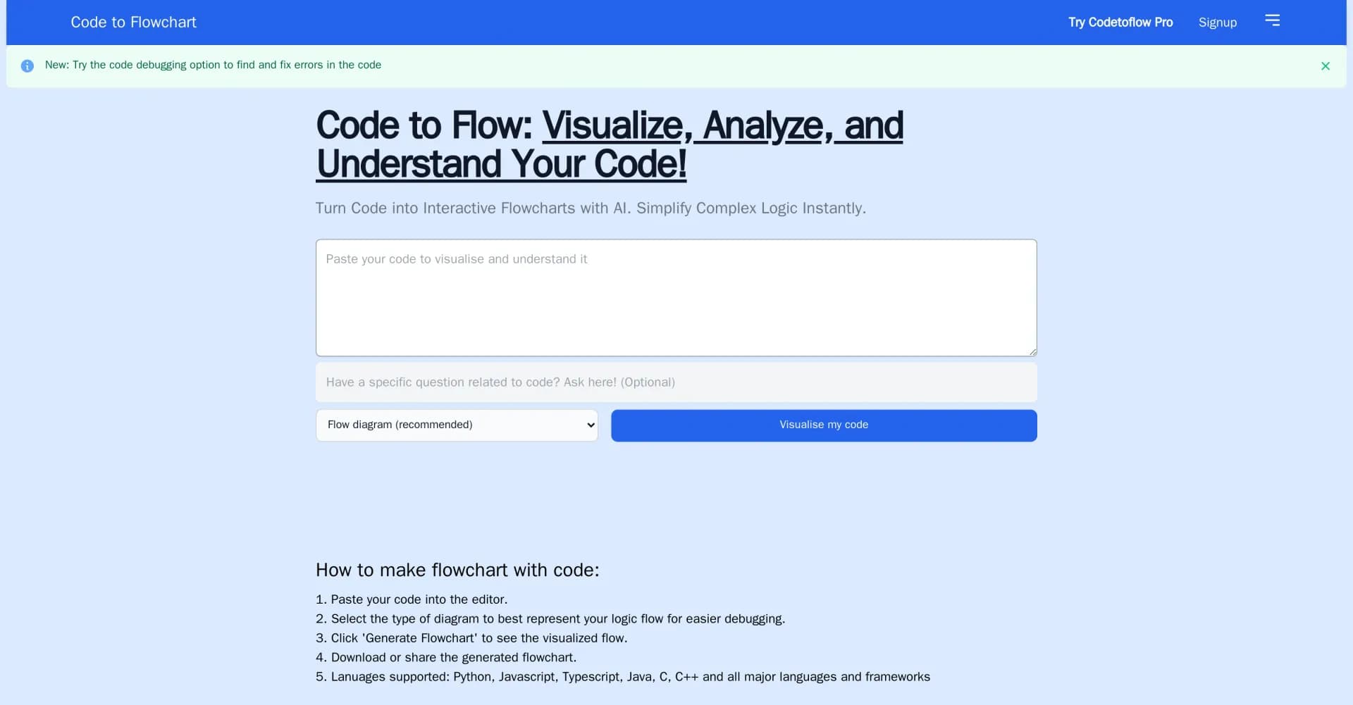 Code to Flowchart homepage screenshot — Turn code into interactive flowcharts with AI