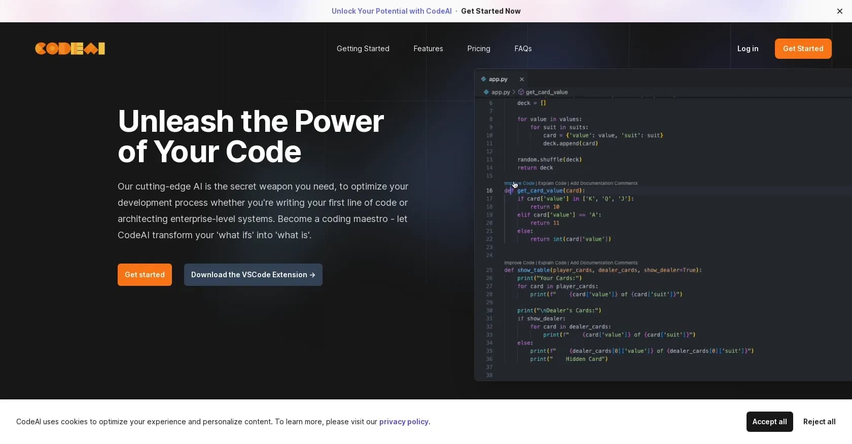 CodeAI homepage screenshot — Harness AI to supercharge your coding workflow.