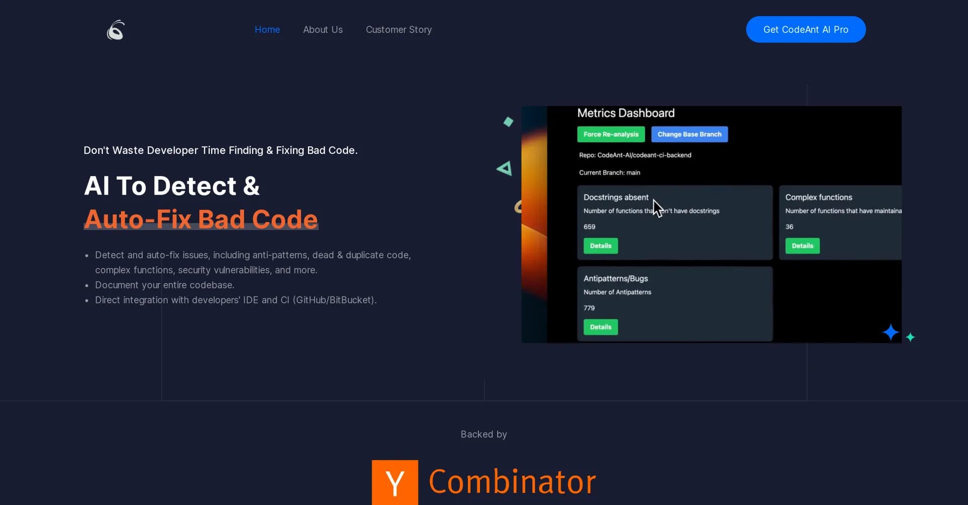 CodeAnt AI homepage screenshot — AI to detect & auto-fix bad code