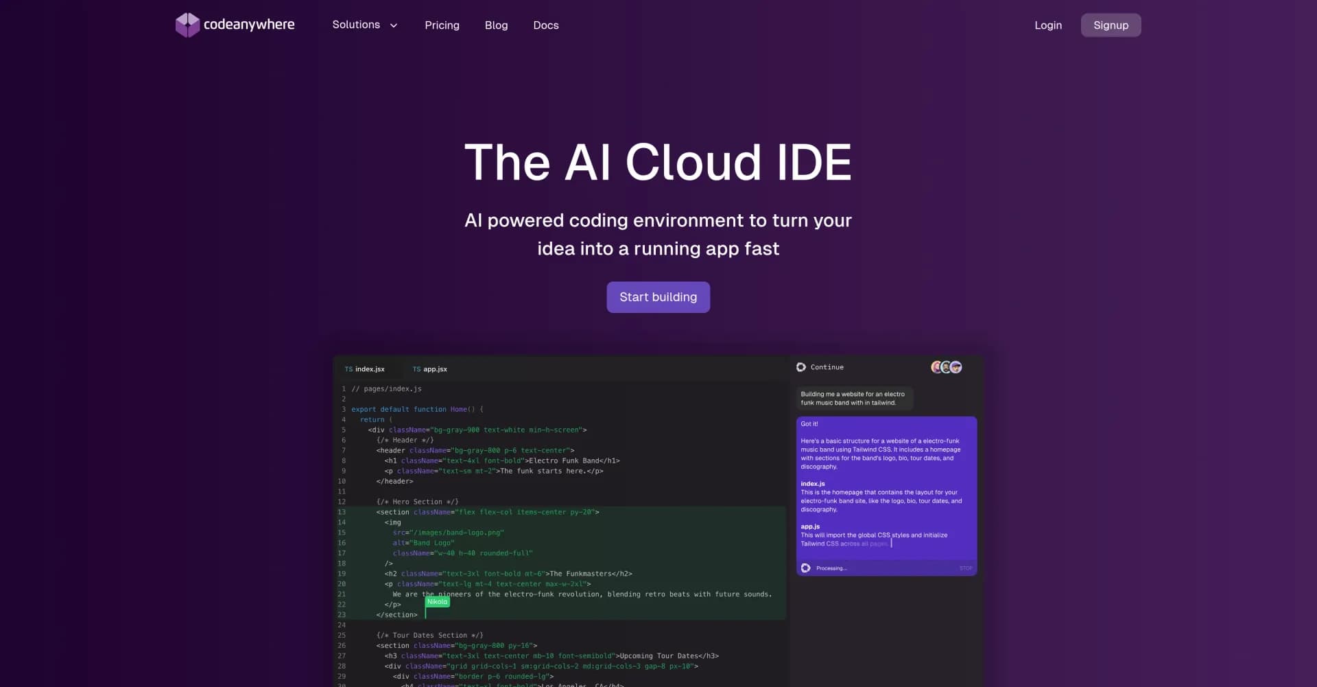 Codeanywhere homepage screenshot — Code, collaborate, and deploy from your browser.