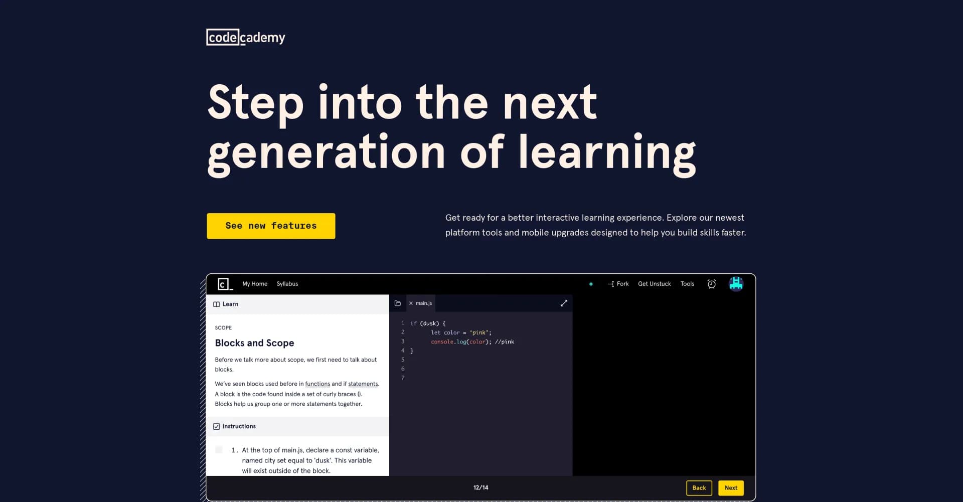 Codecademy AI Learning Tools homepage screenshot — Supercharge your tech skills with AI-powered learning.