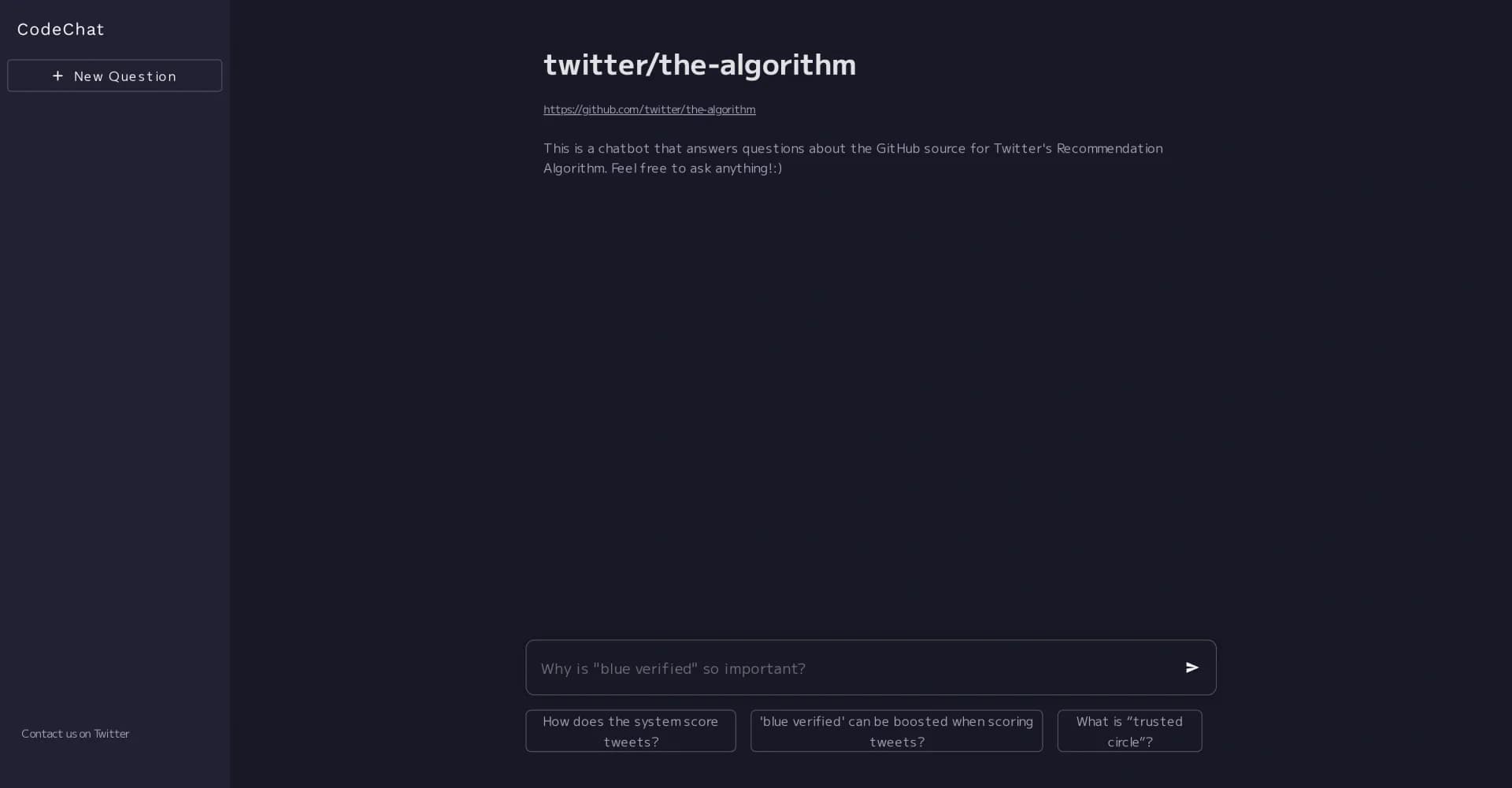 CodeChat homepage screenshot — Decode Twitter's algorithm with AI-powered answers.