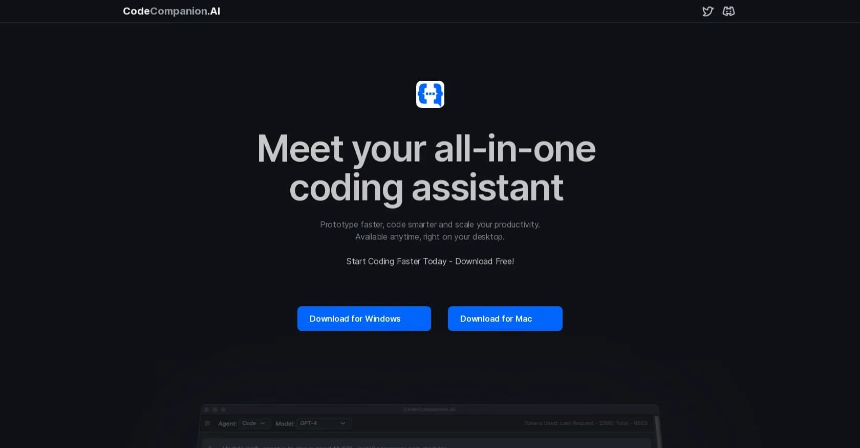 CodeCompanion homepage screenshot — Your personal AI coding assistant on your desktop.