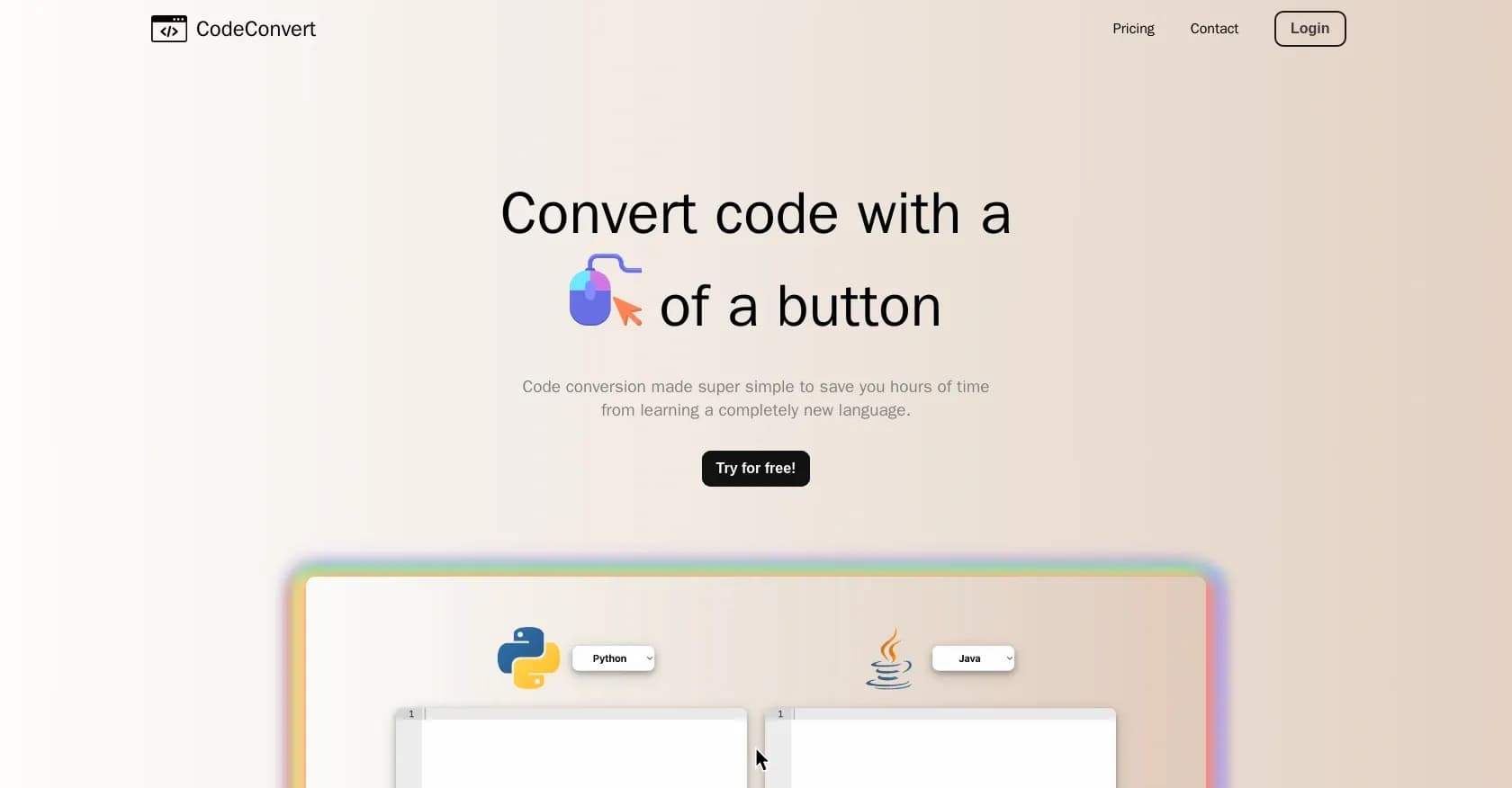 CodeConvert AI homepage screenshot — Convert code between languages with a click.