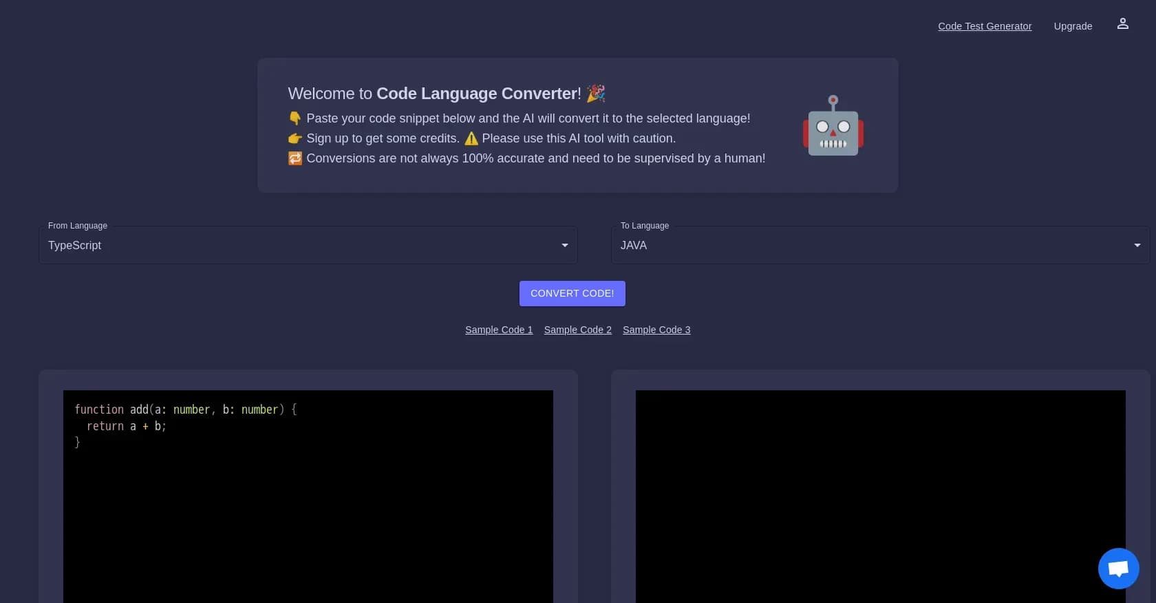 CodeConverter homepage screenshot — TypeScript/Java code snippet conversion saves dev time.