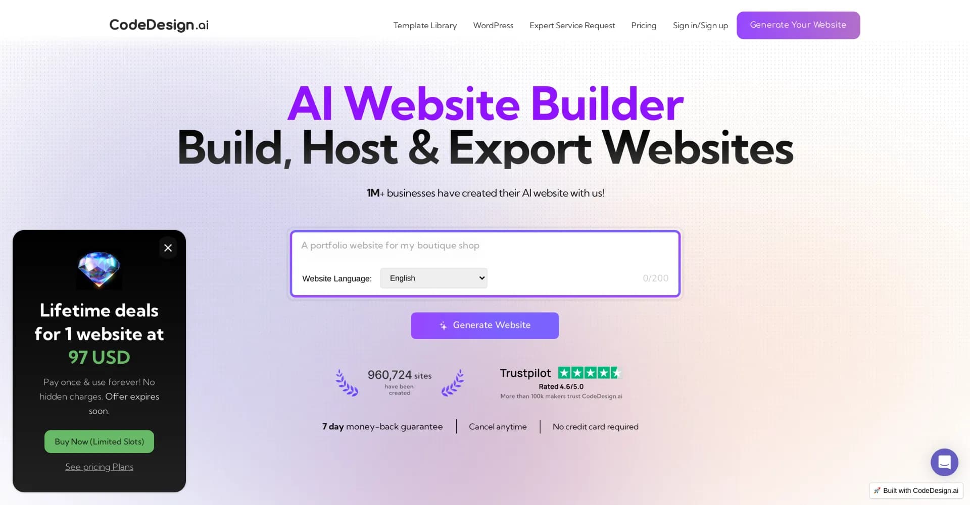 CodeDesign homepage screenshot — Build stunning websites from a simple prompt in seconds.