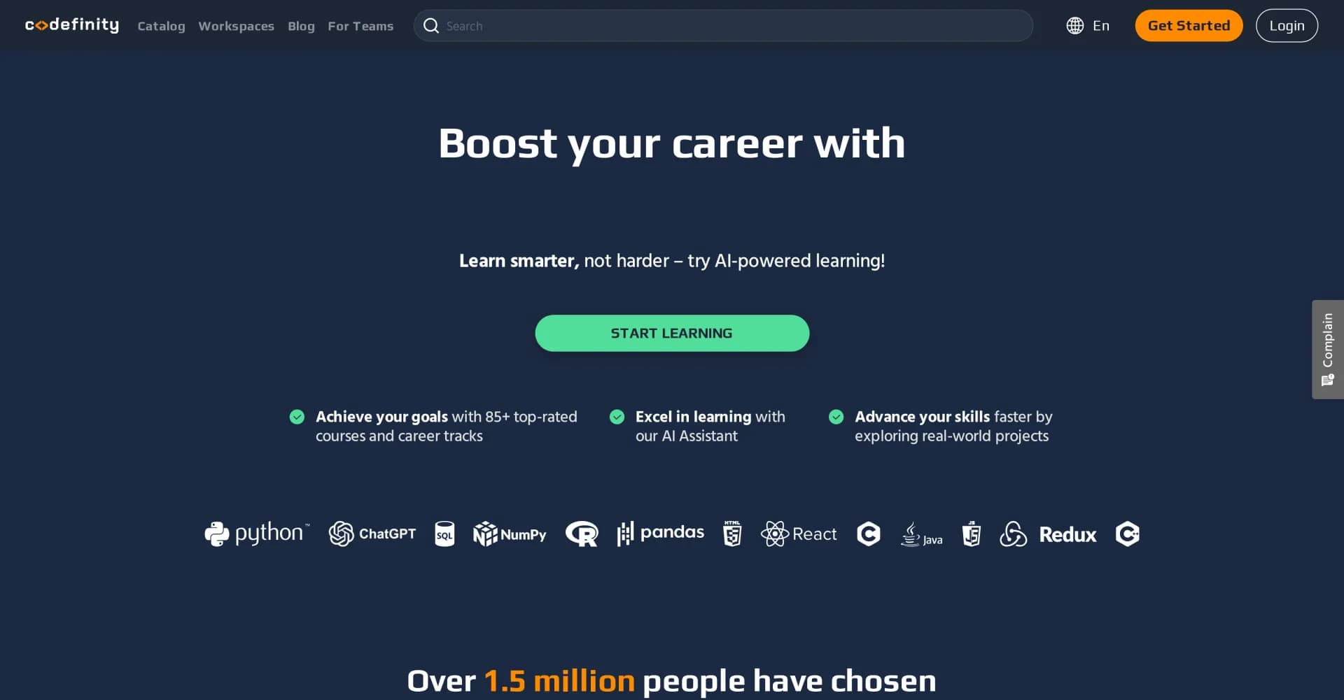 Codefinity homepage screenshot — AI-powered coding courses for career advancement