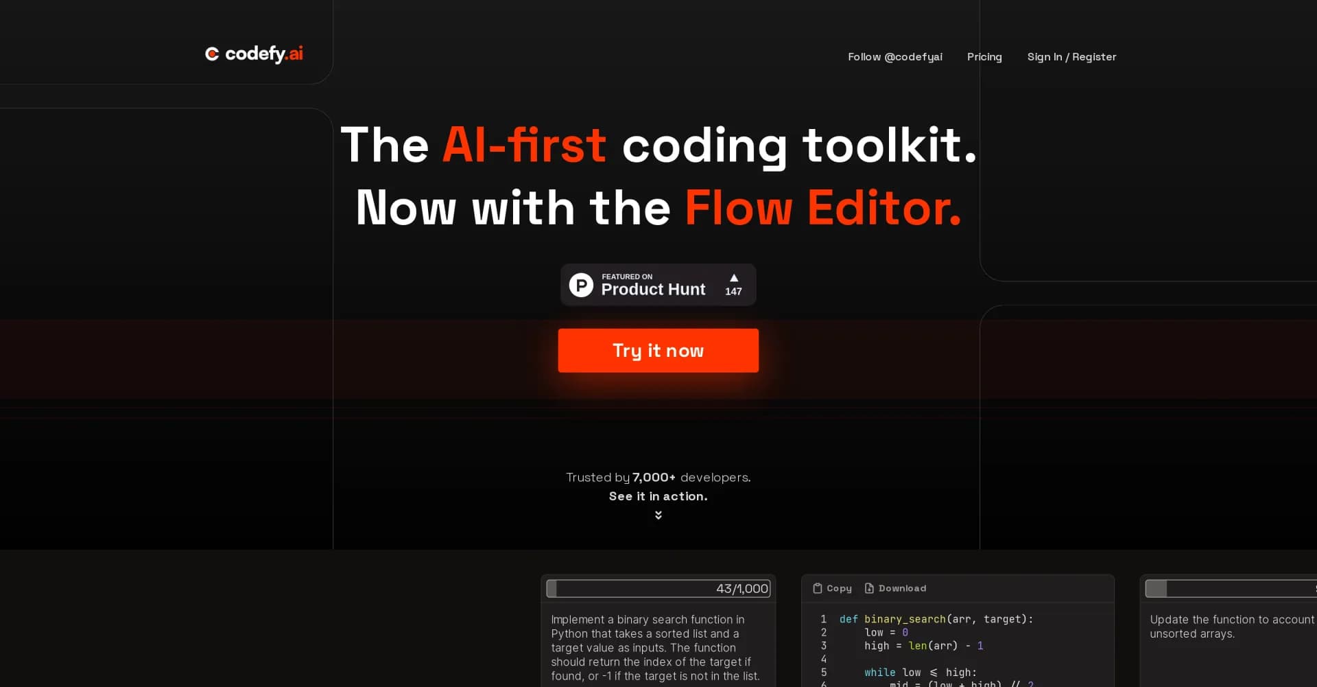 Codefy homepage screenshot — Code faster with AI-powered tools
