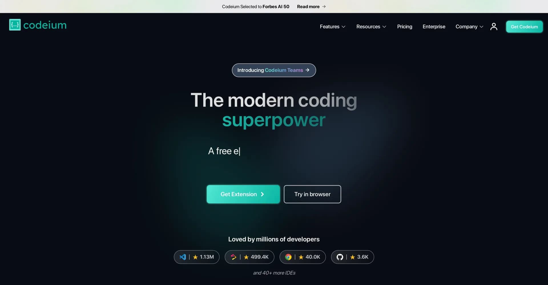 Codeium homepage screenshot — AI-powered code completion for 20+ languages