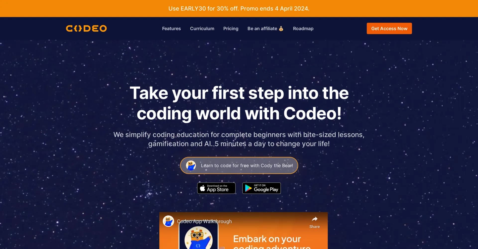 Codeo homepage screenshot — AI-powered coding education made fun and accessible.