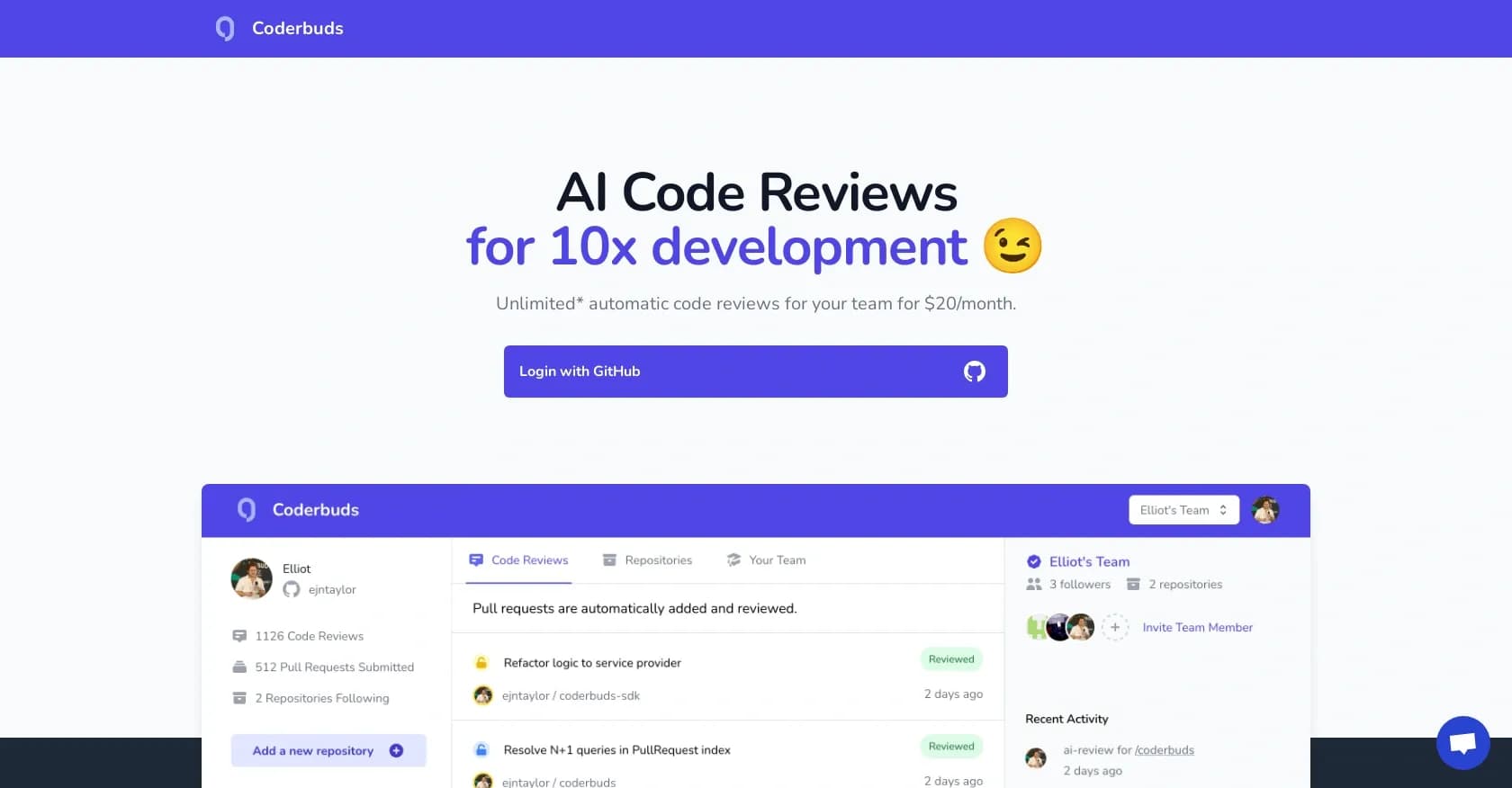 Coderbuds homepage screenshot — AI code reviews for 10x development