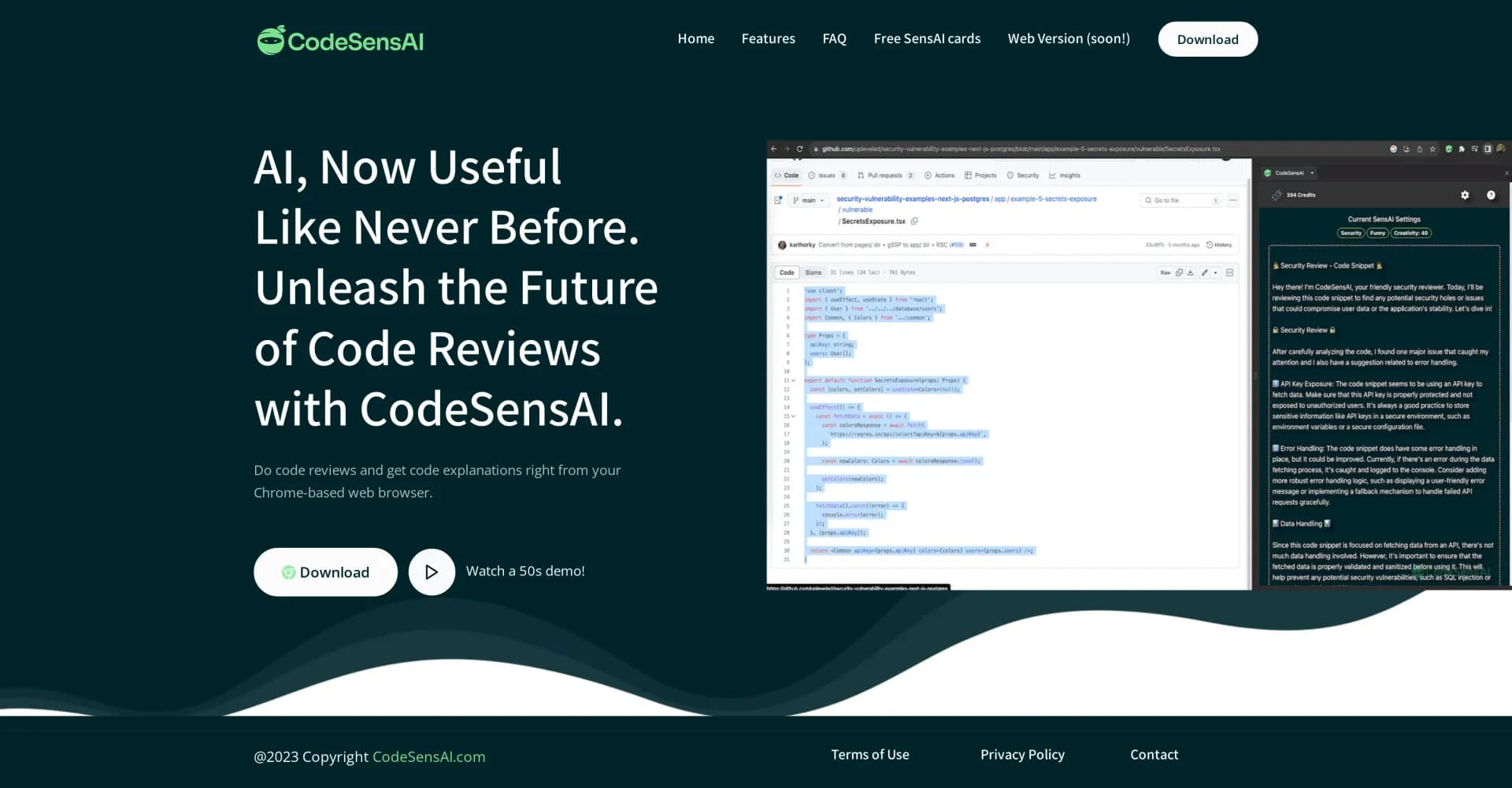 CodeSensAI homepage screenshot — AI-powered code review at your fingertips.