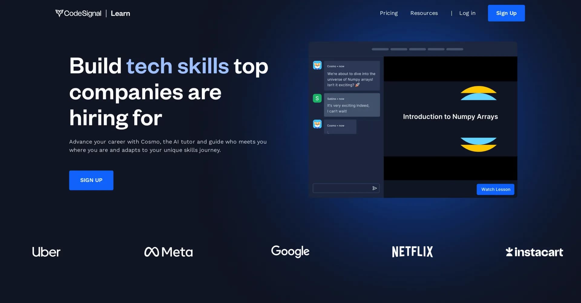 CodeSignal Learn homepage screenshot — Master tech skills to advance your career.