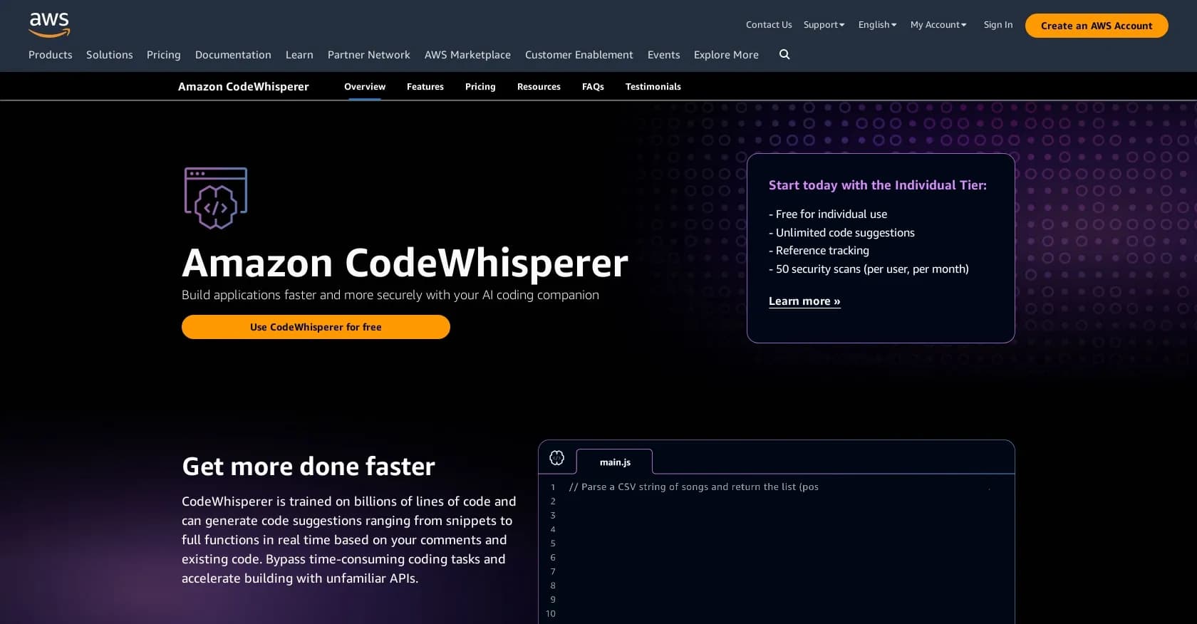 CodeWhisperer homepage screenshot — AI coding companion that supercharges your productivity