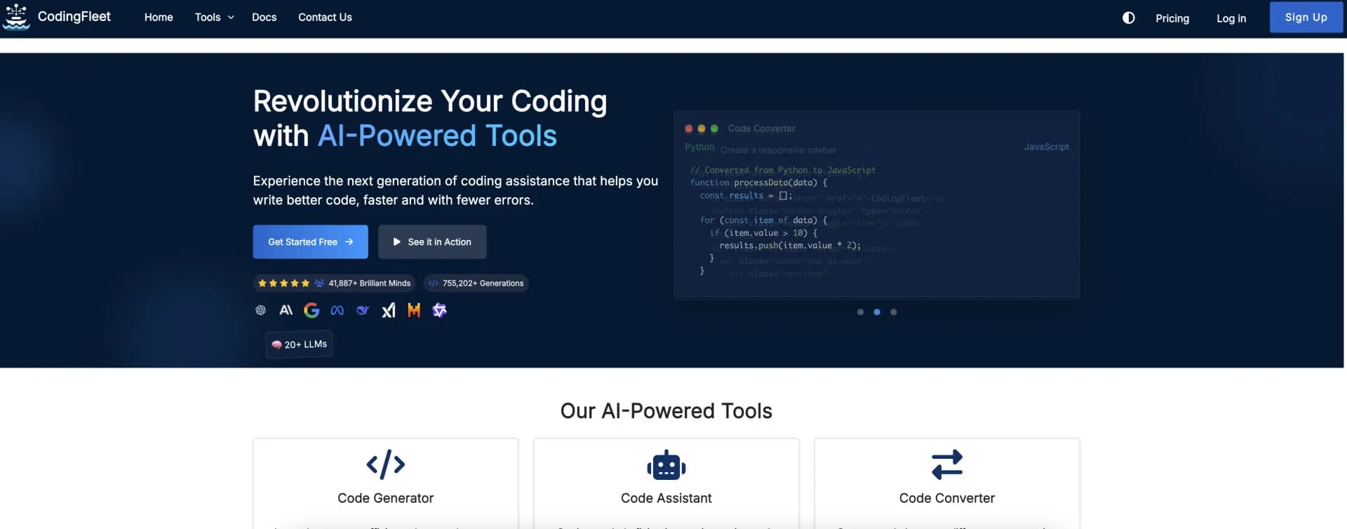 CodingFleet homepage screenshot — AI wizard transforms instructions into code snippets.