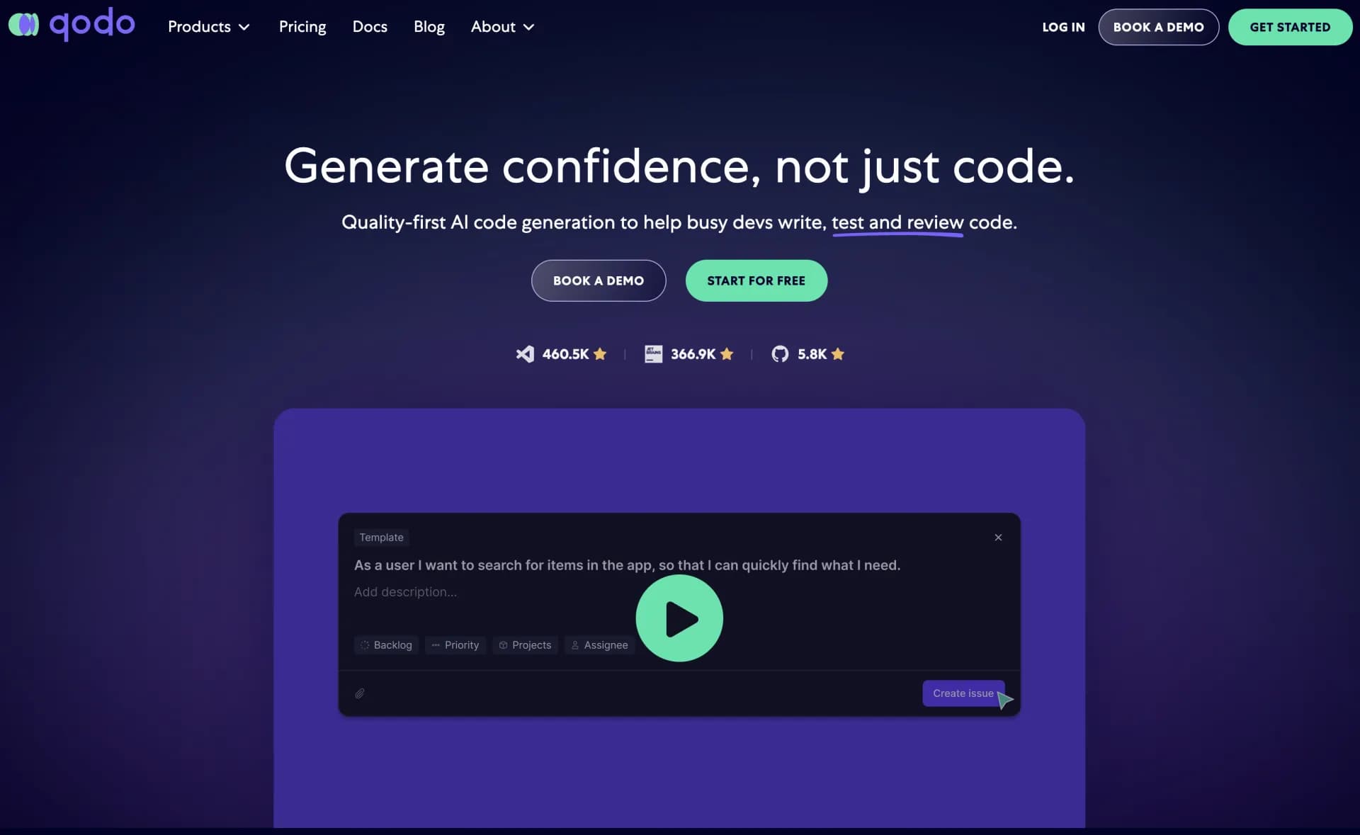 Qodo (Formerly Codium) homepage screenshot — Code testing assistance through analyzed suggestions.