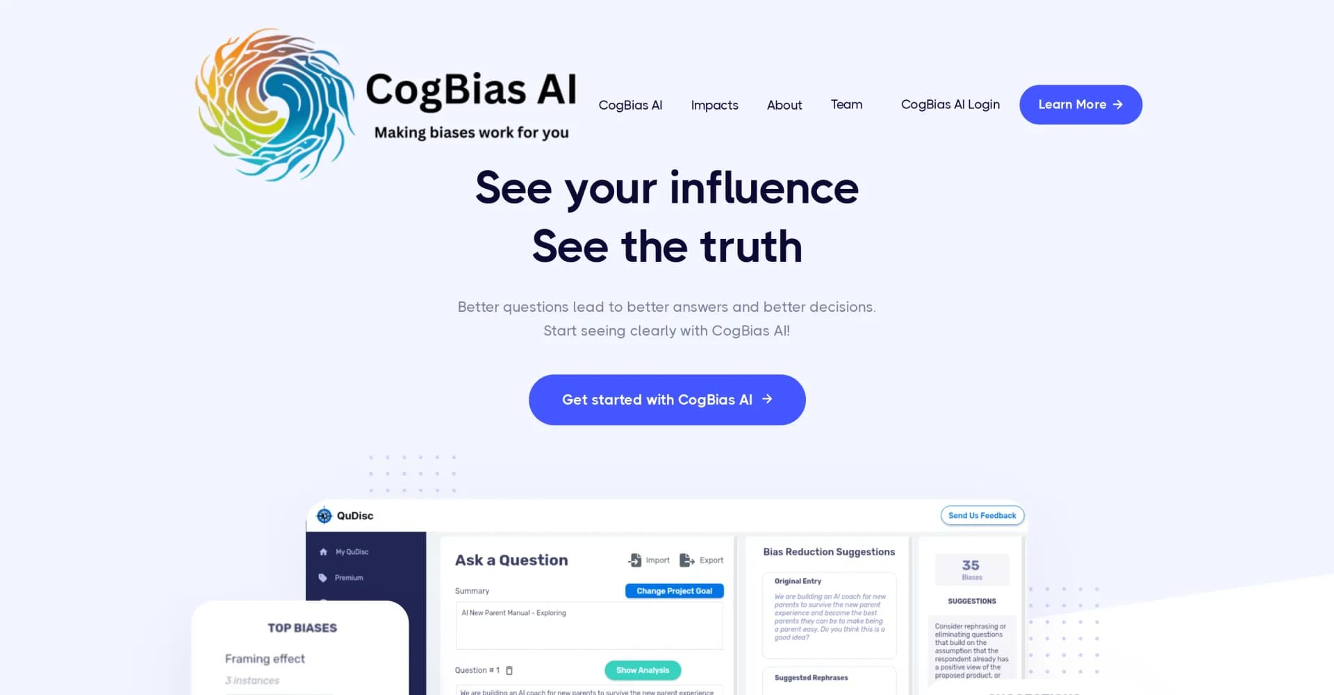 CogBias AI homepage screenshot — Detect cognitive bias to reveal hidden truths.