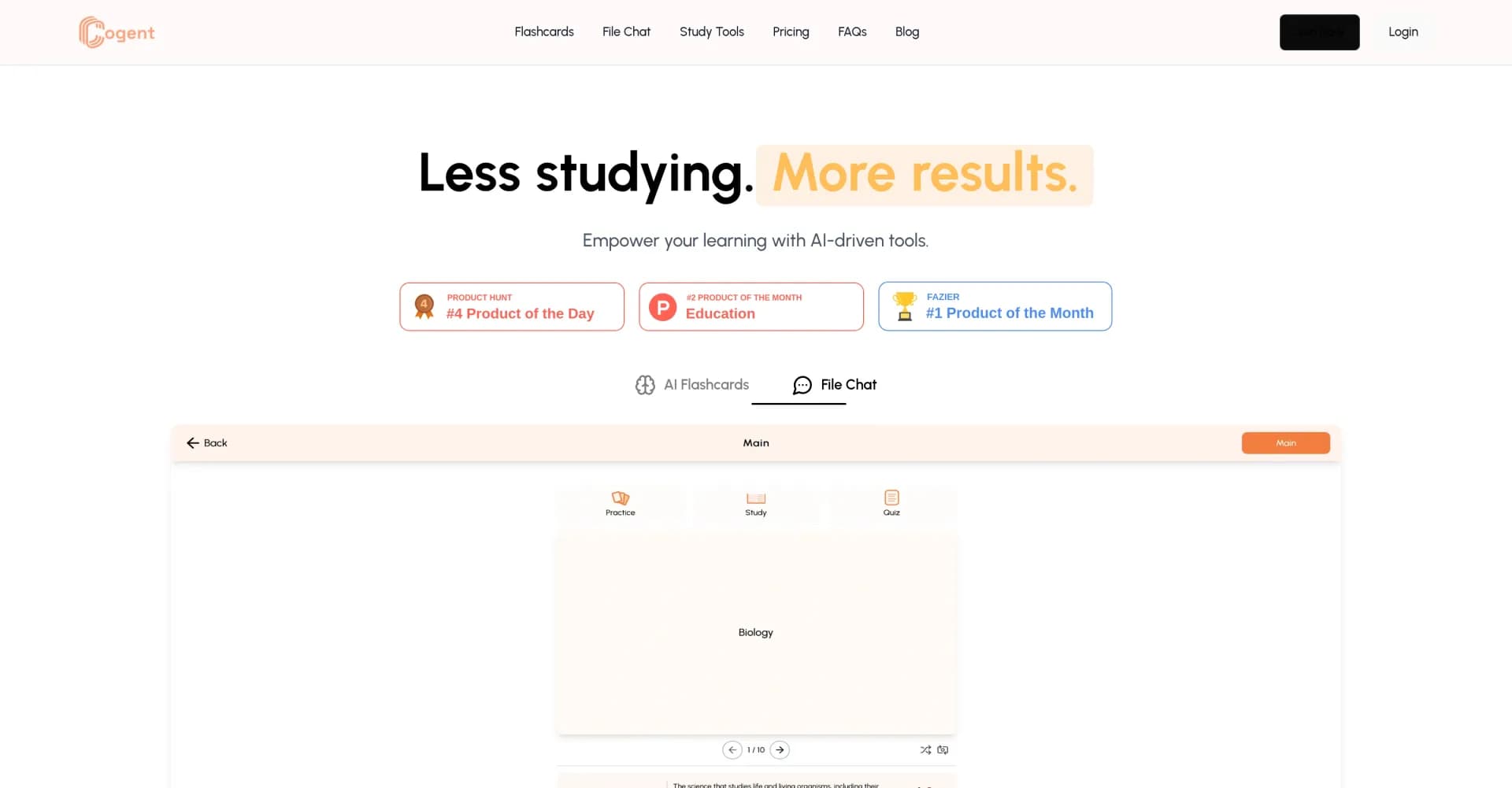 Cogent homepage screenshot — AI-powered learning platform for efficient studying.