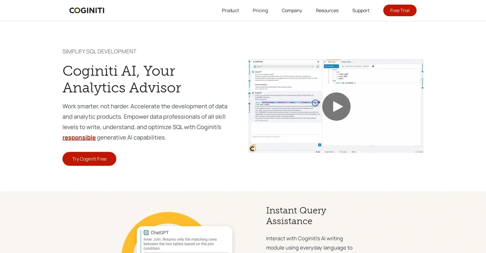 Coginiti homepage screenshot — AI-powered SQL assistance for data analytics.