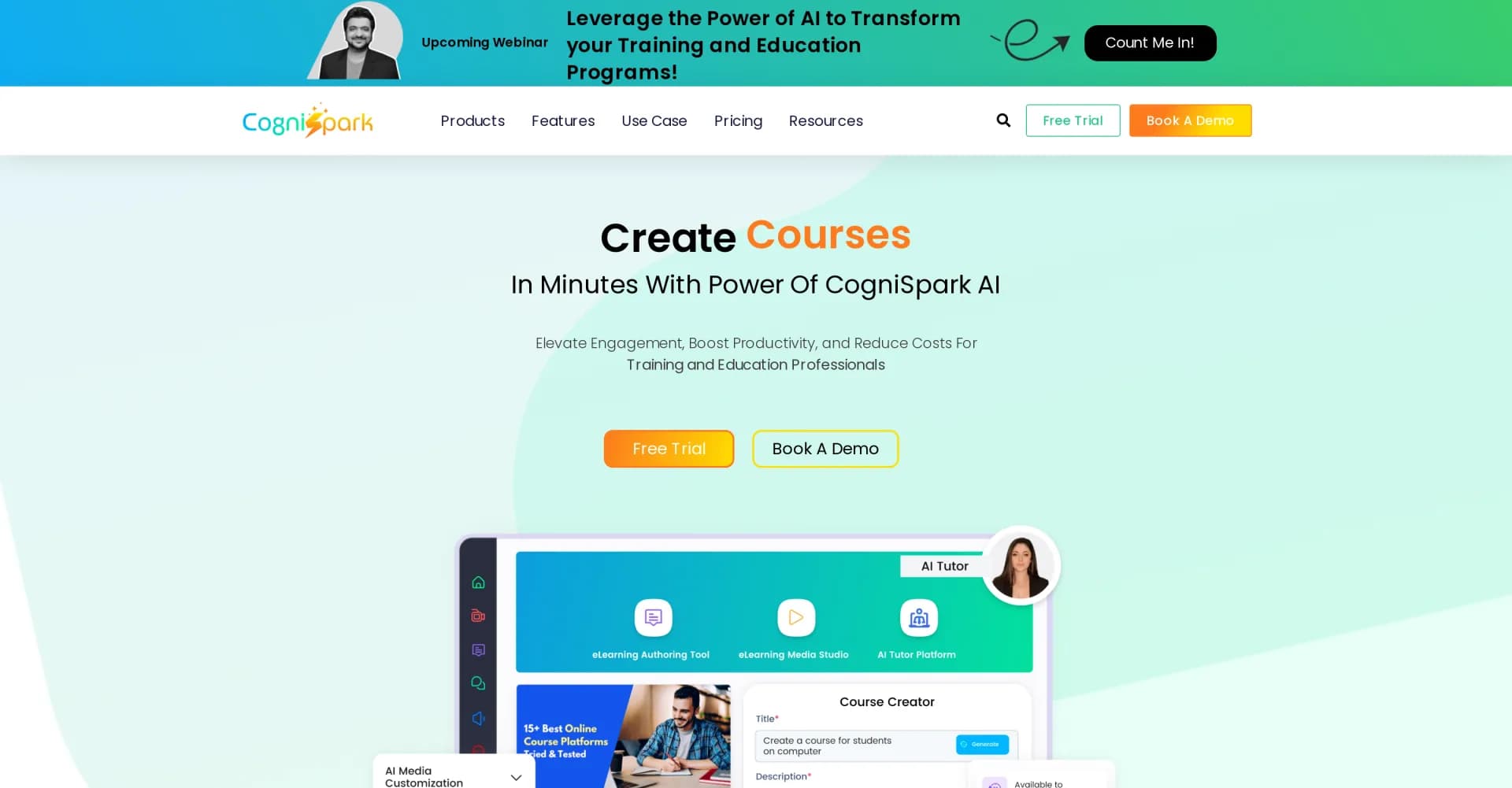 CogniSpark homepage screenshot — Create eLearning courses in minutes with AI