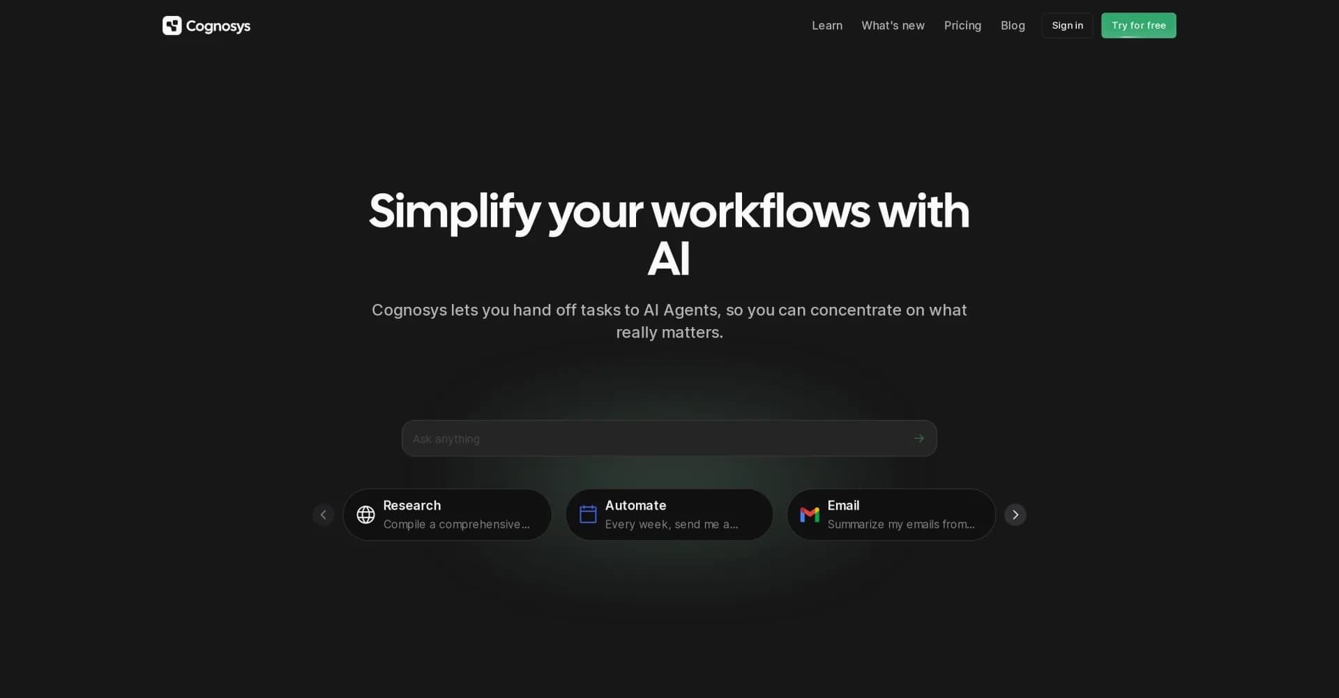 Cognosys homepage screenshot — AI agents that simplify tasks and speed up workflows