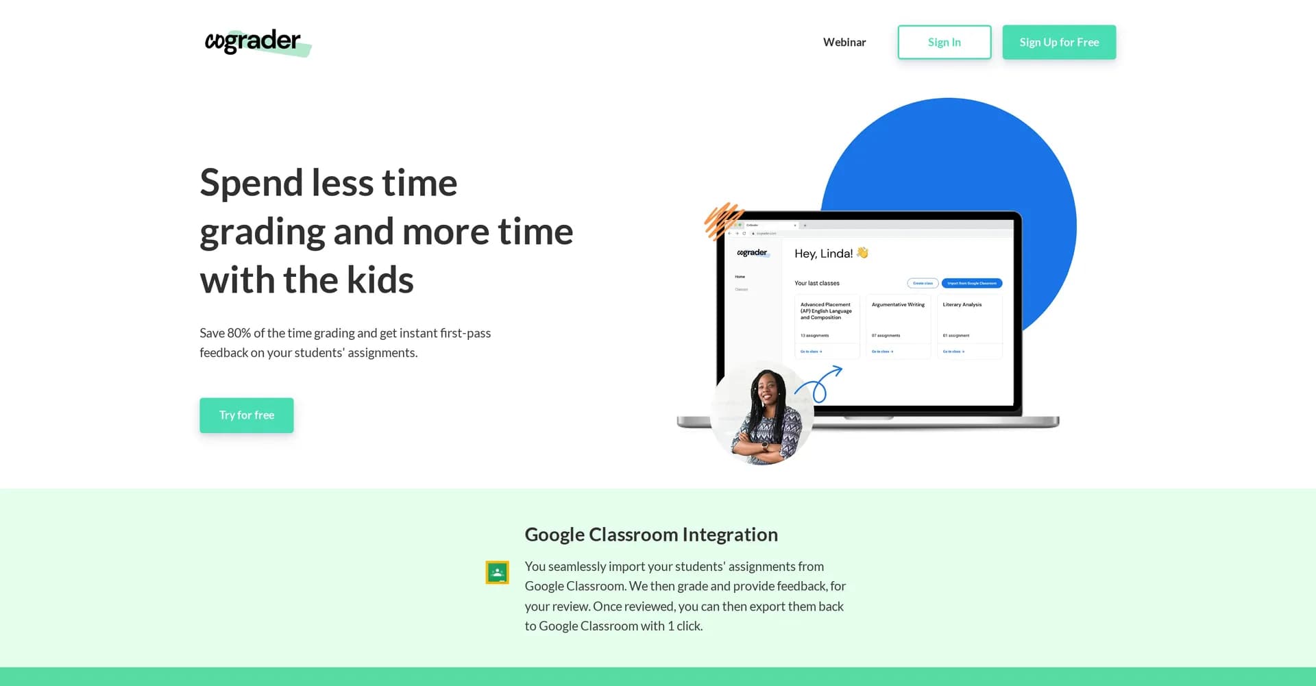 CoGrader homepage screenshot — AI Essay Grading for Teachers