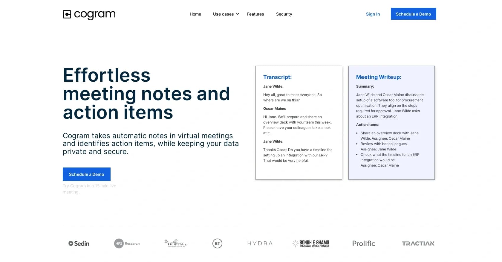 Cogram homepage screenshot — Effortless meeting notes and secure action item tracking.