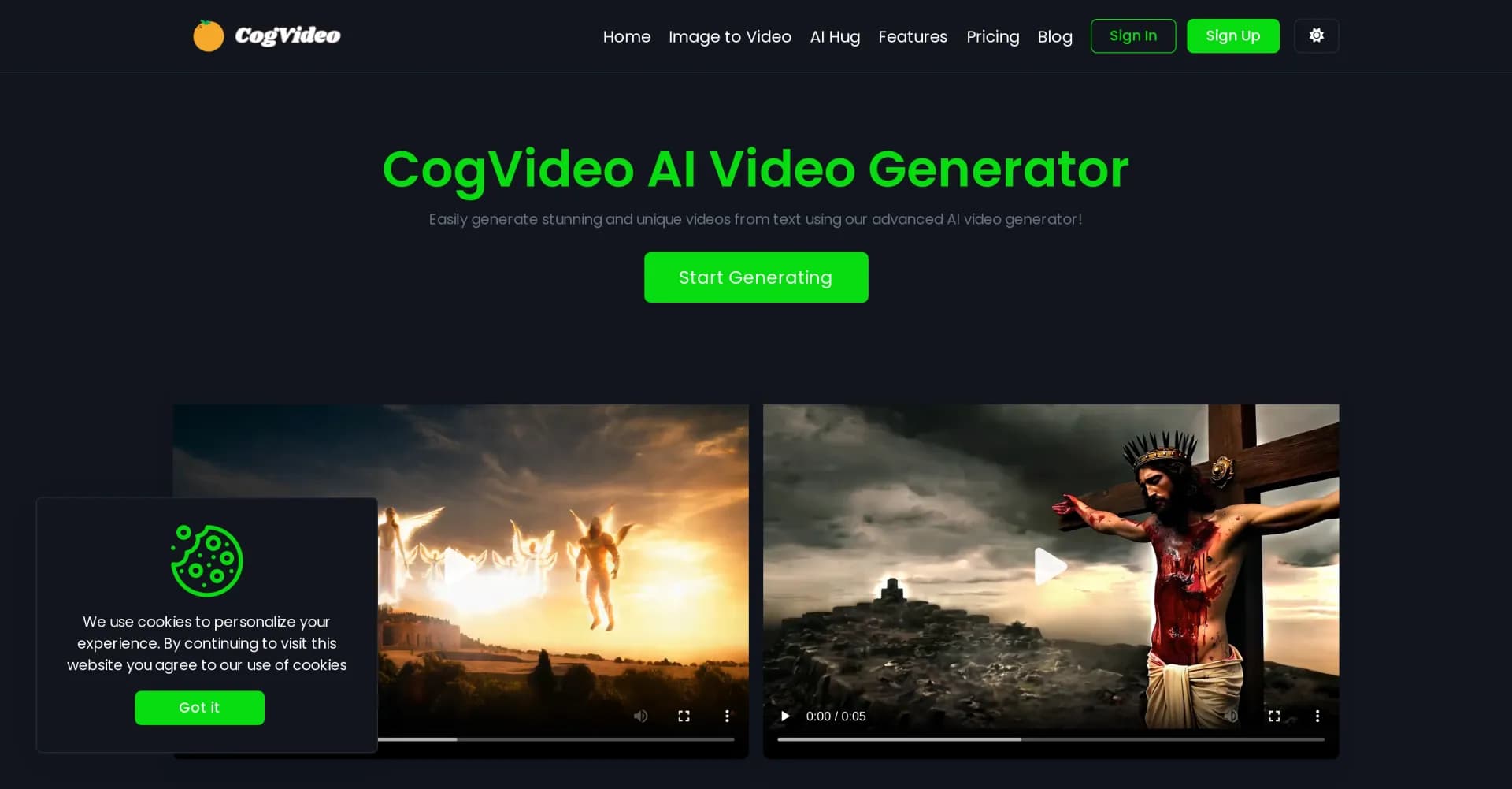 CogVideo homepage screenshot — Generate stunning videos from text with AI.