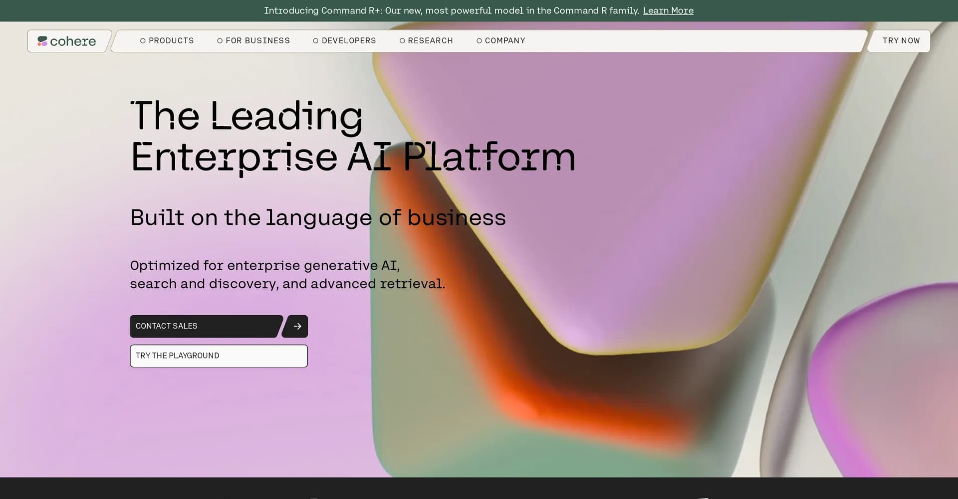 Cohere homepage screenshot — Enterprise AI platform optimized for business language