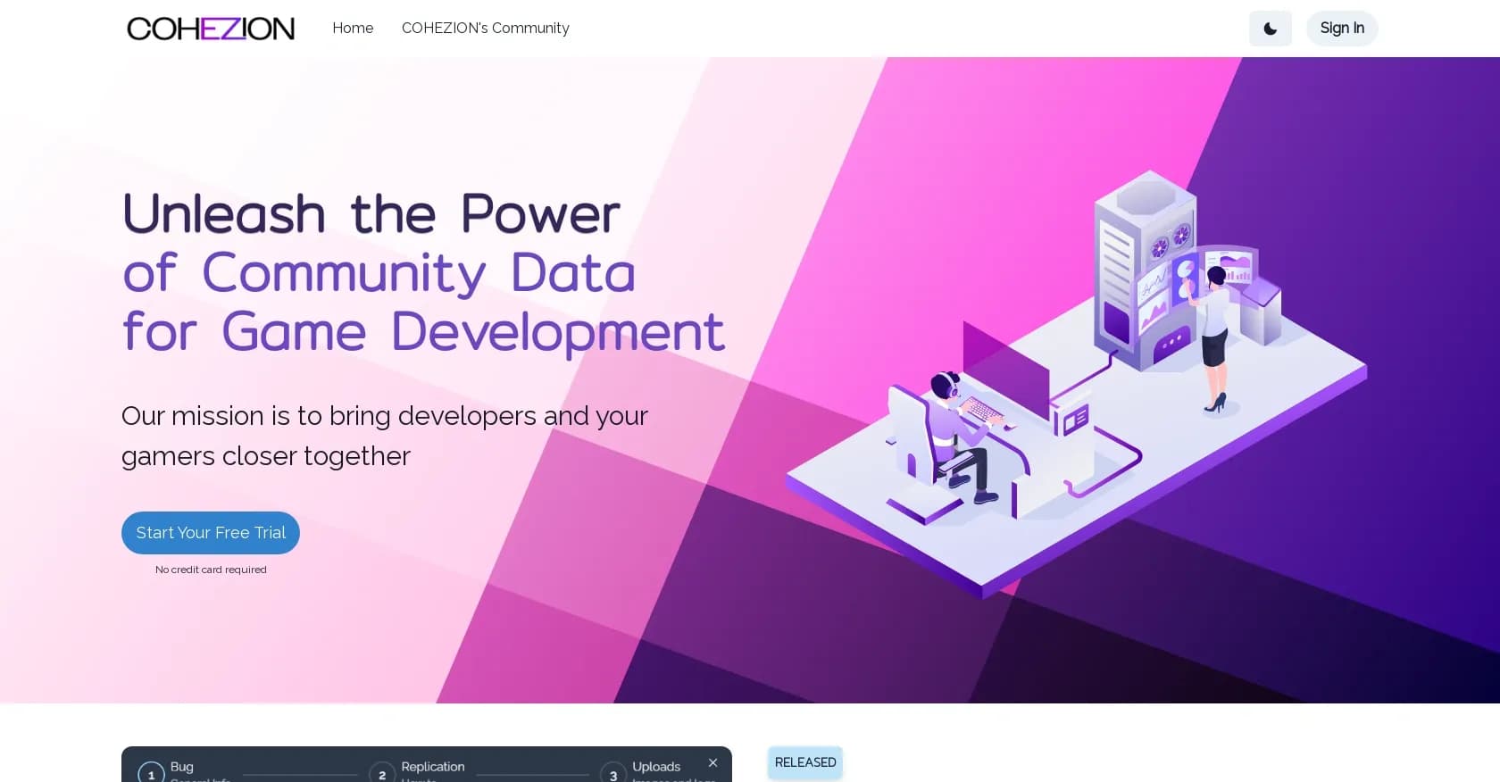 COHEZION homepage screenshot — Unleash community data for game development