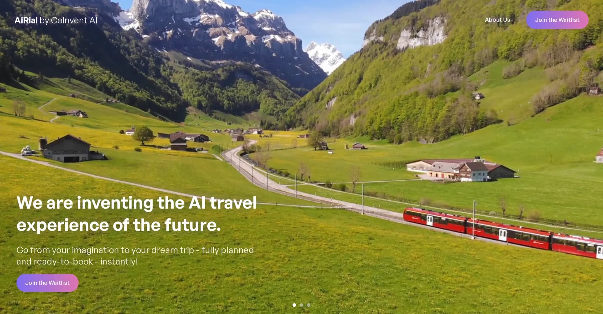 CoInvent AI homepage screenshot — AI-powered dream trips, instantly planned and bookable.