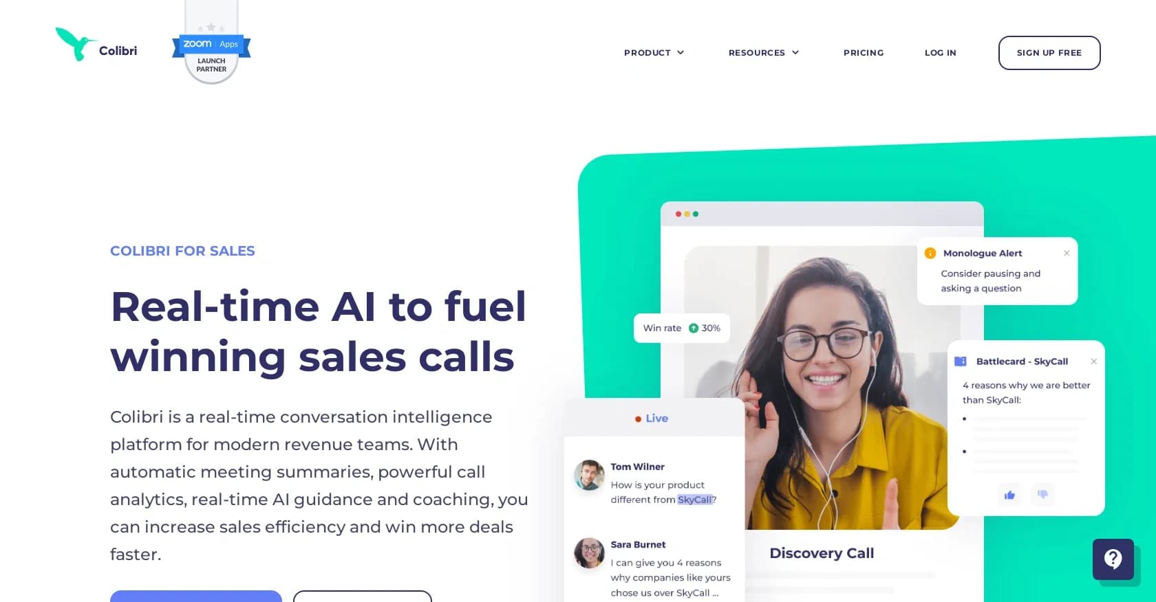 Colibri.ai homepage screenshot — Optimized real-time sales call assistance.