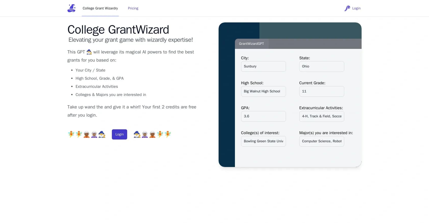CollegeGrantWizard homepage screenshot — Find personalized college grants with AI wizardry