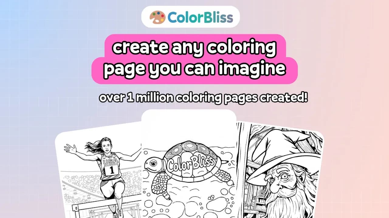 ColorBliss homepage screenshot — Create any coloring page you can imagine, in seconds.