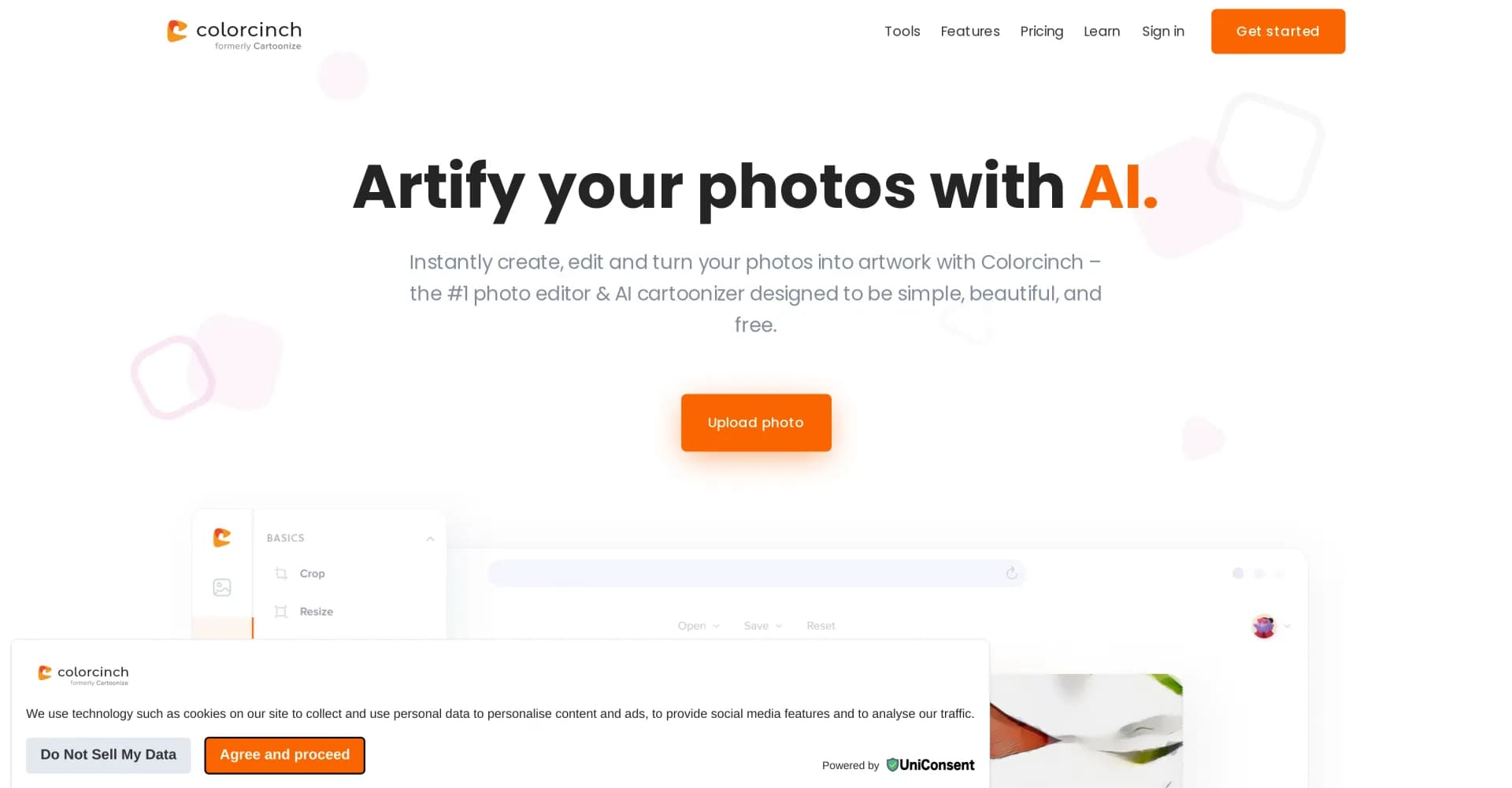 Colorcinch homepage screenshot — Instantly transform photos into cartoons online.