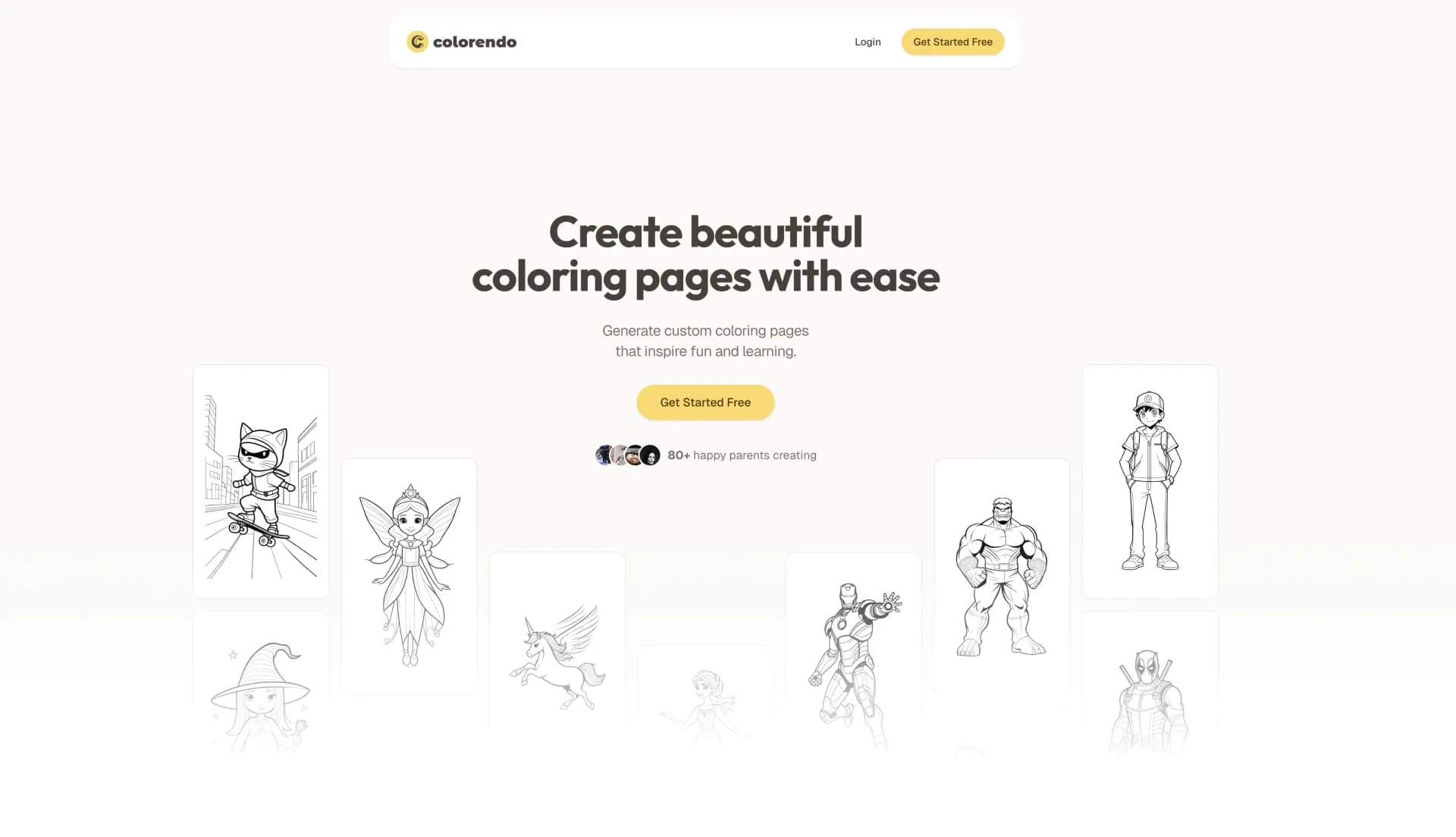 Colorendo homepage screenshot — AI-powered coloring page generator for fun and learning