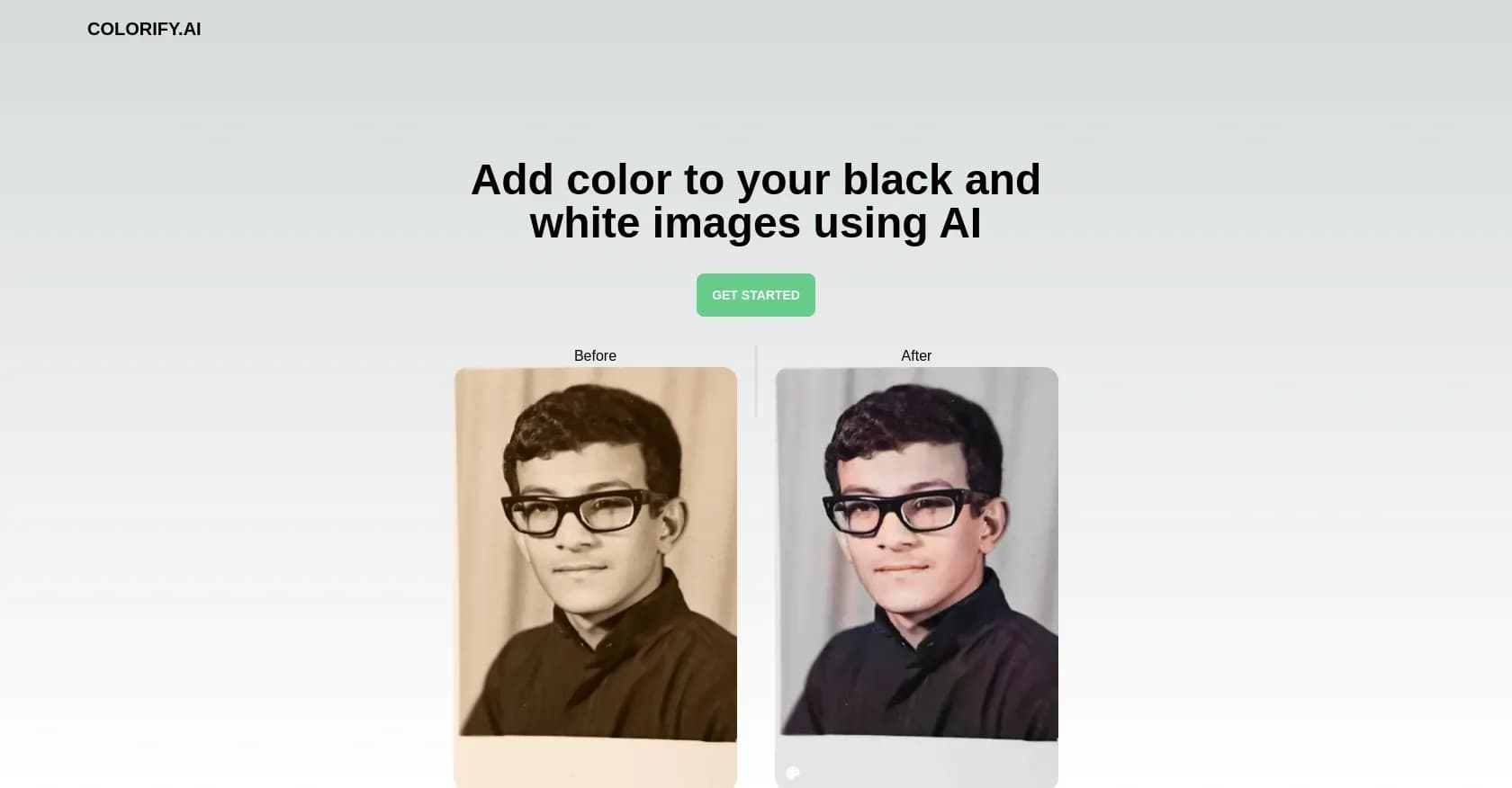 Colorify homepage screenshot — Breathe life into black and white photos with AI.