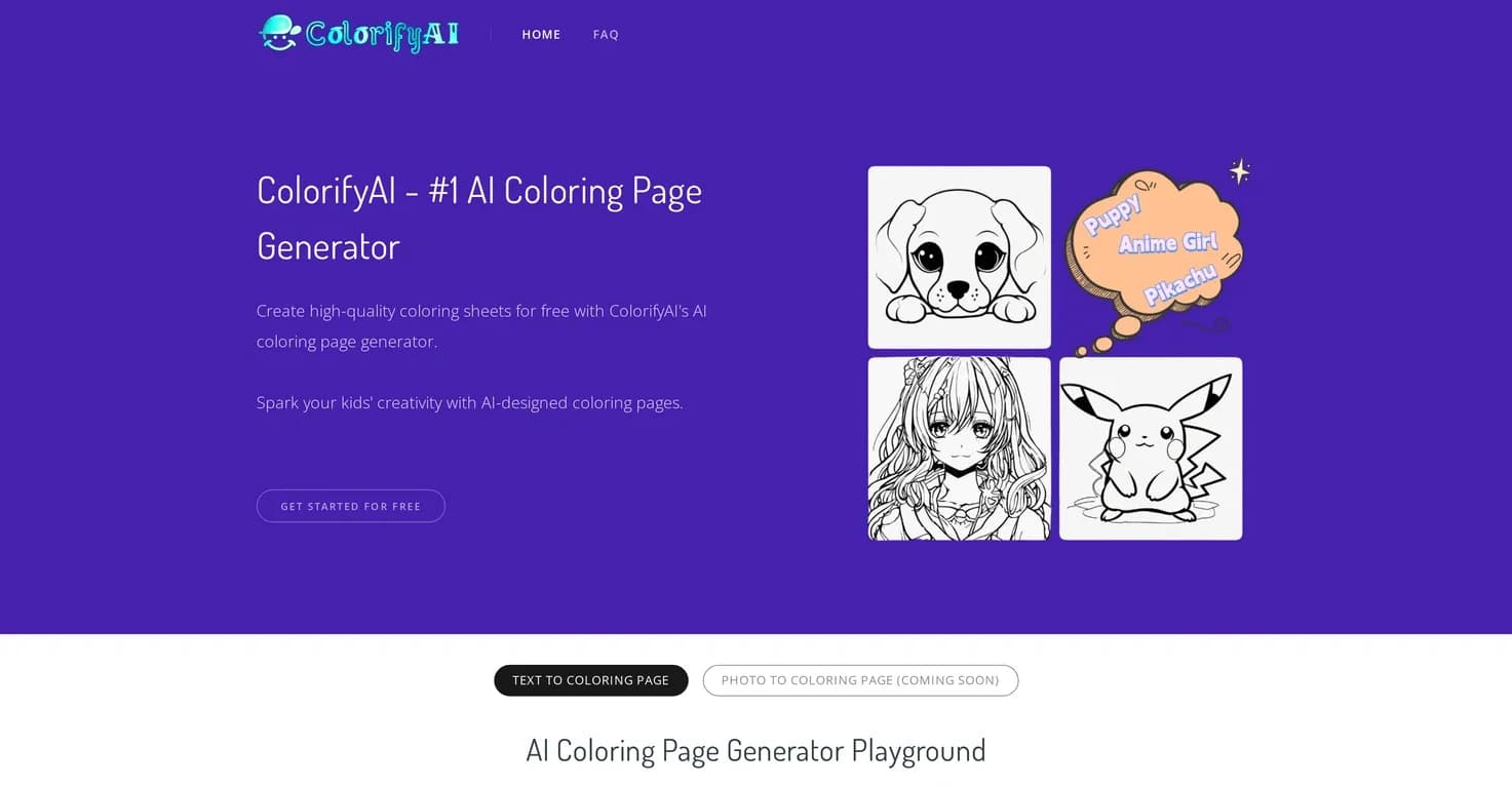 ColorifyAI homepage screenshot — Create AI-generated coloring pages in seconds.
