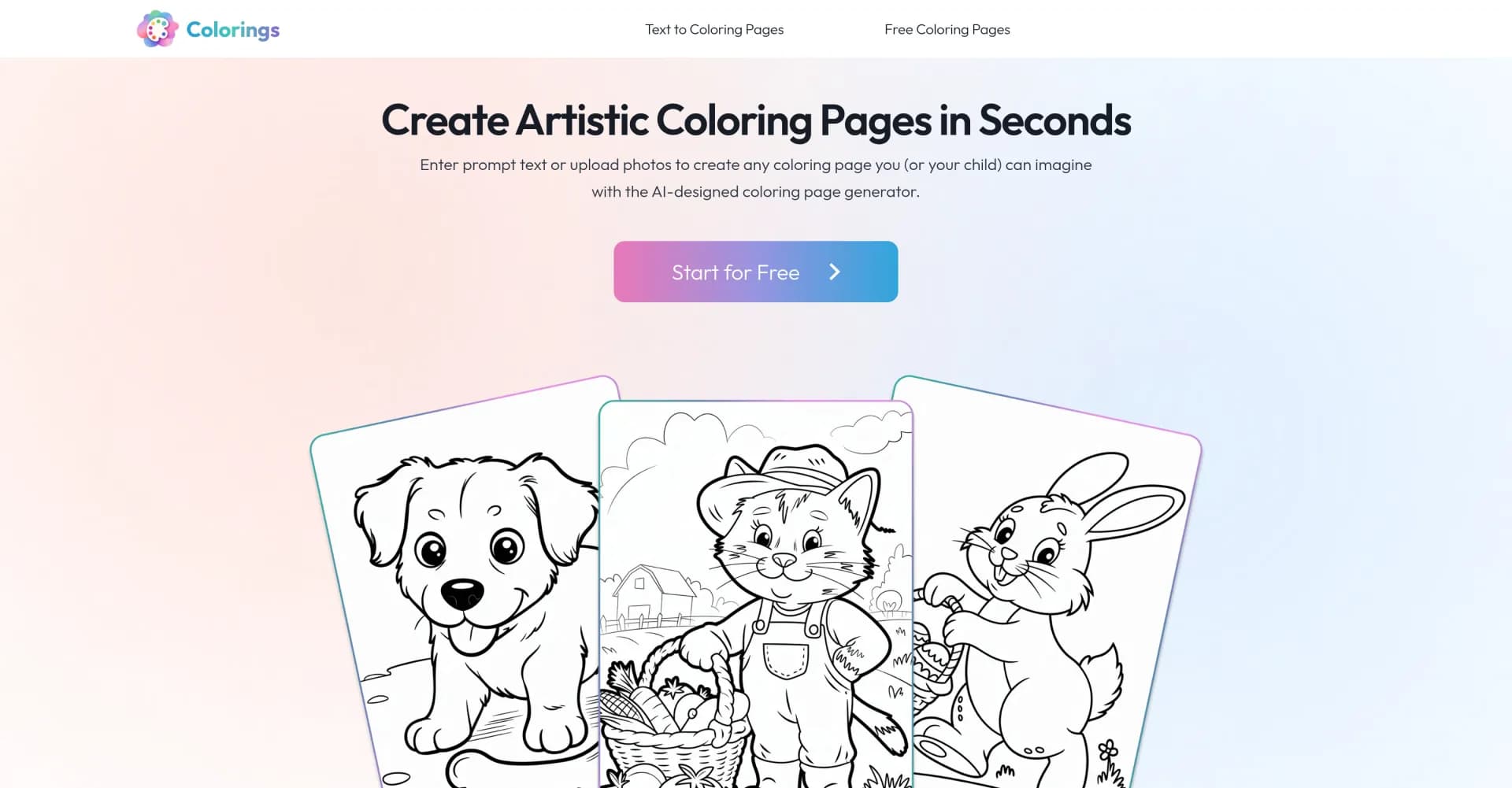 Colorings homepage screenshot — Create AI-designed coloring pages from text or photos.