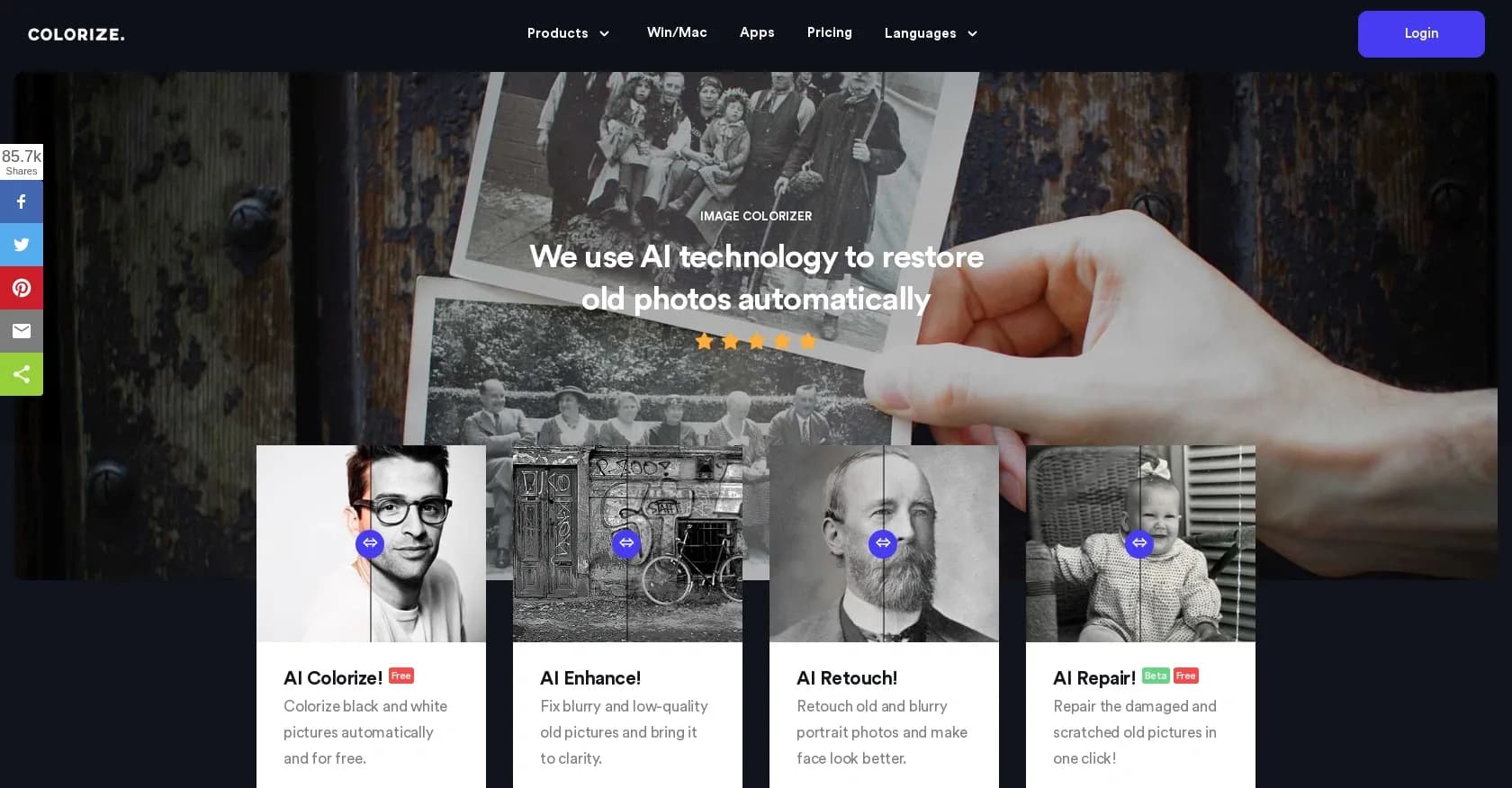Colorize homepage screenshot — Colorize photos with AI deep learning