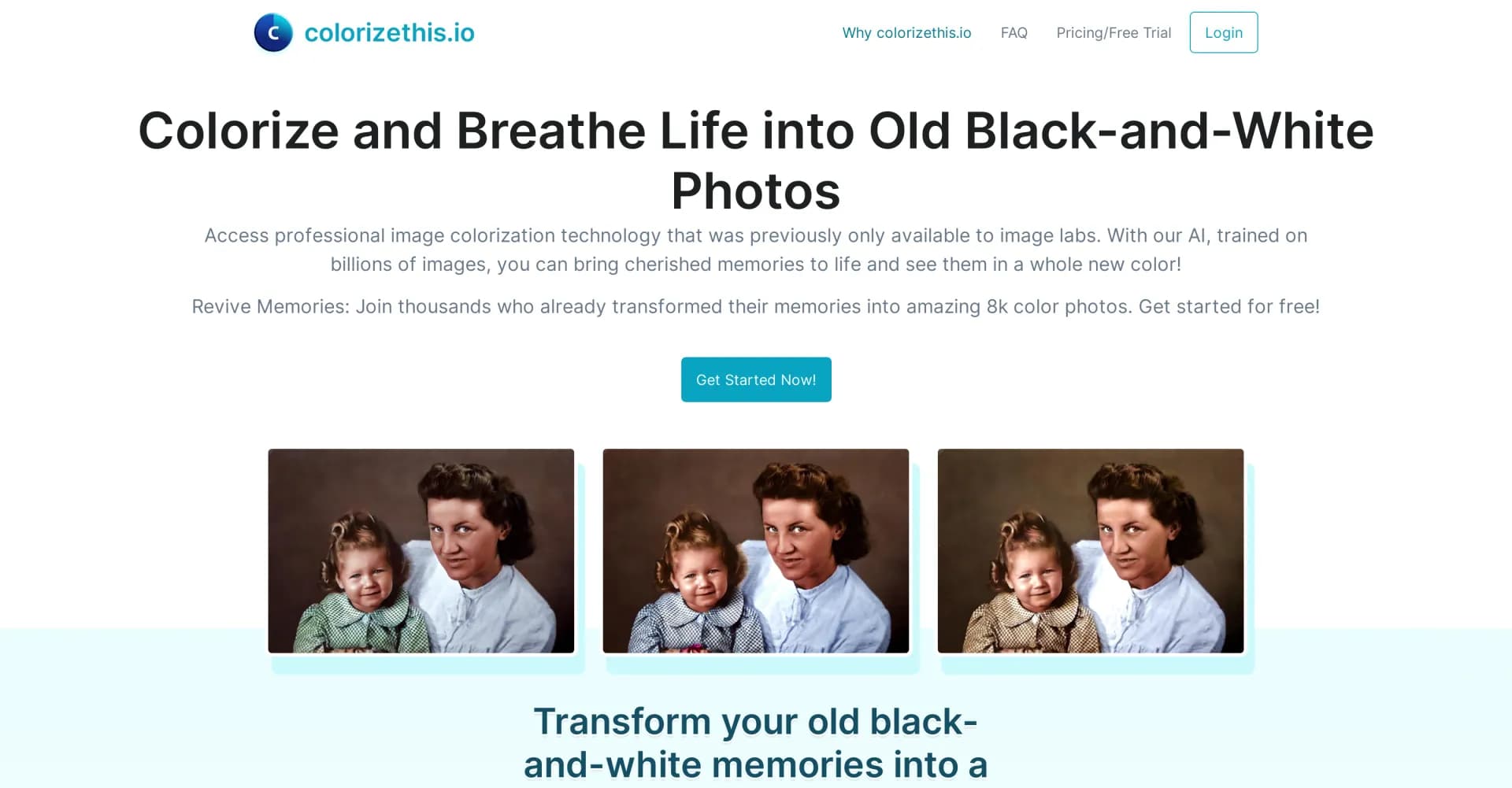 Colorizethis homepage screenshot — Breathe life into old photos with AI colorization.